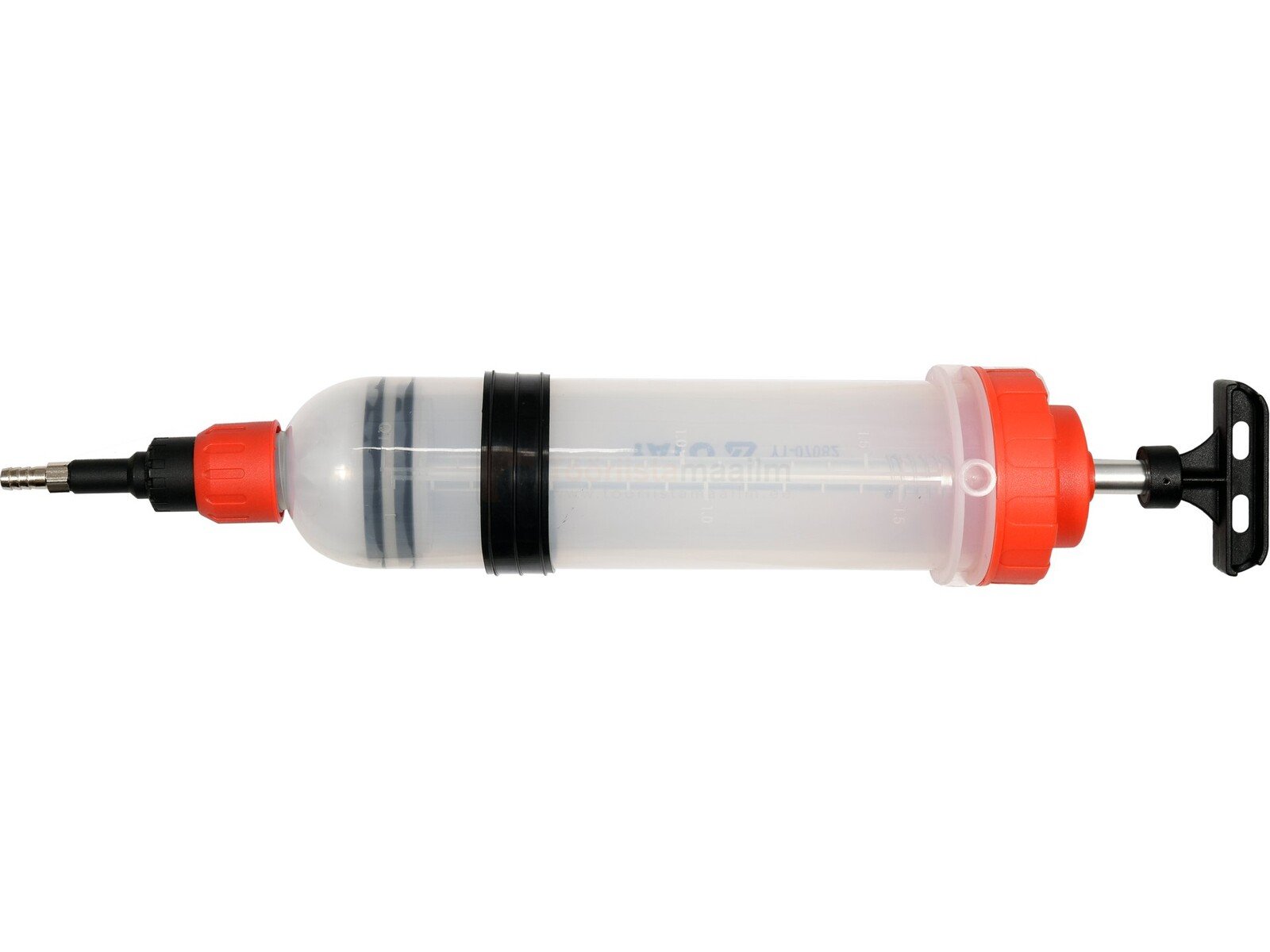 Pildil on YATO käsipump sõidukite tehniliste vedelike imemiseks, millel on läbipaistev silinder, punased otsad ja must...