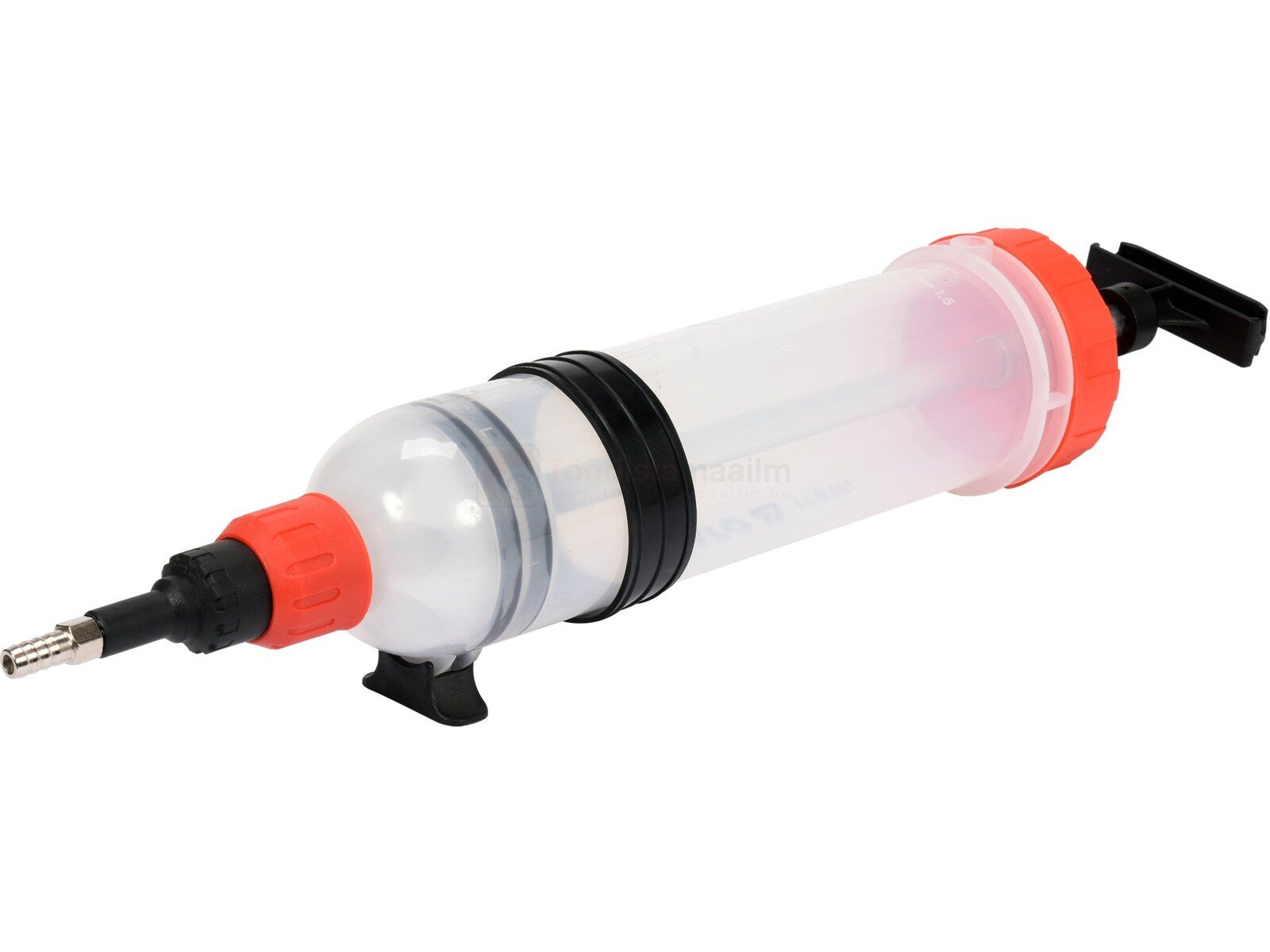 Pildil on YATO käsipump sõidukite tehniliste vedelike imemiseks, millel on läbipaistev silinder, punased ja mustad...