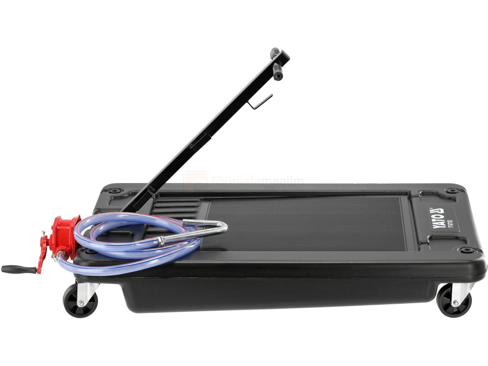 Pildil on YATO plastikust õlikoguja, millel on rattad, äravooluvoolik ja käsipump.