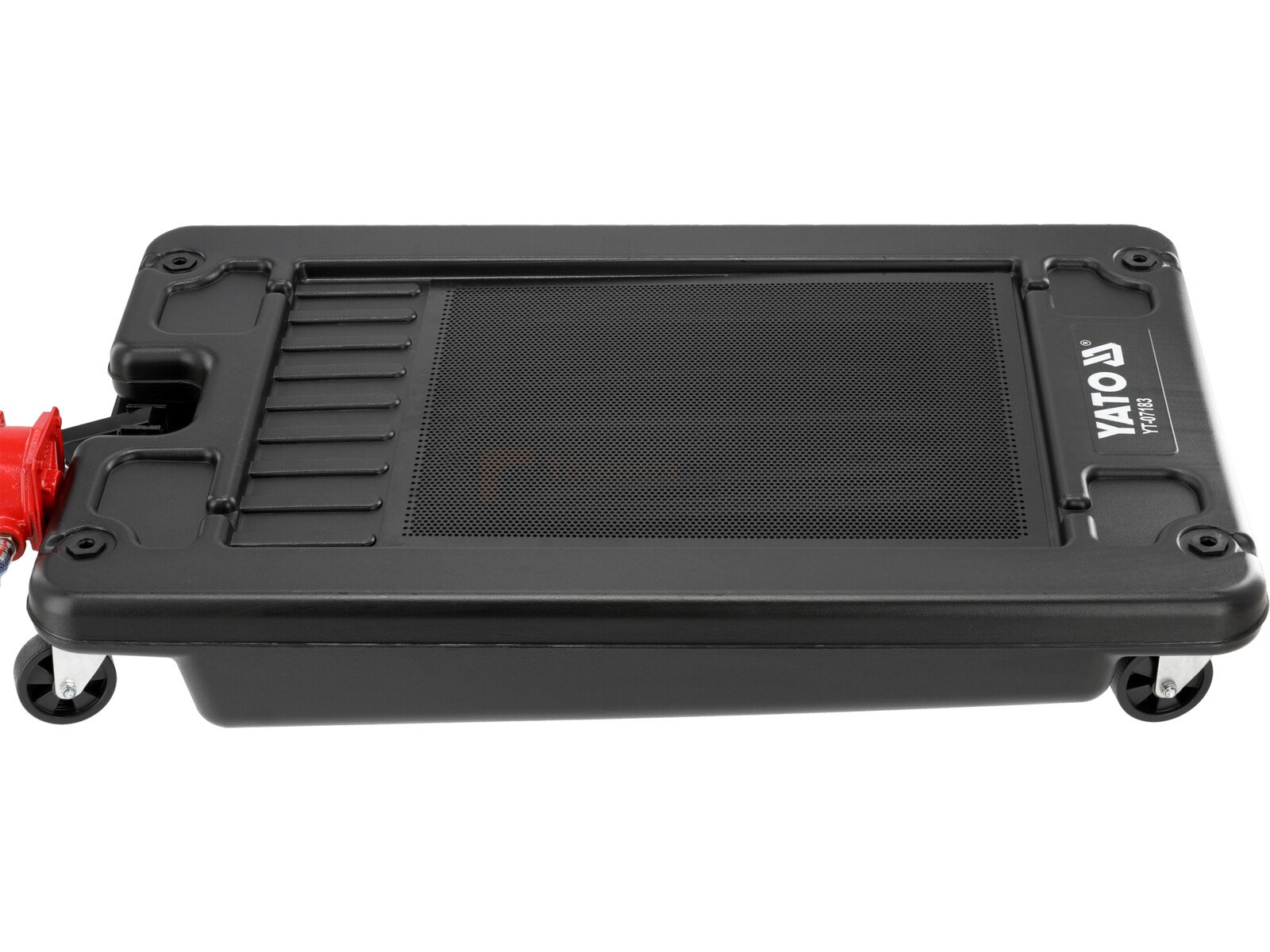 Pildil on YATO plastikust õlikoguja, millel on rattad ja must rest.