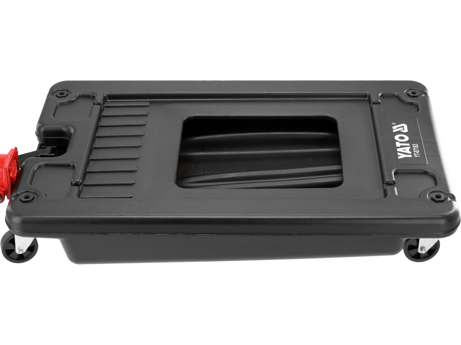 Pildil on must YATO plastikust õlikoguja, millel on rattad ja punane käepide.