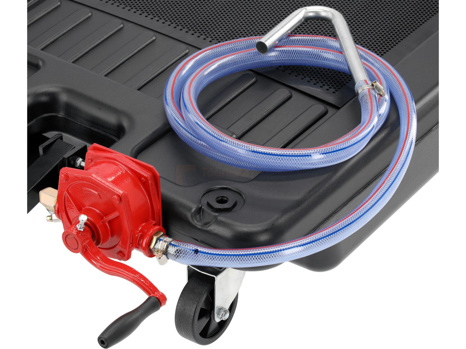 Pildil on YATO plastikust õlikoguja, millel on punane käsipump ja läbipaistev voolik.