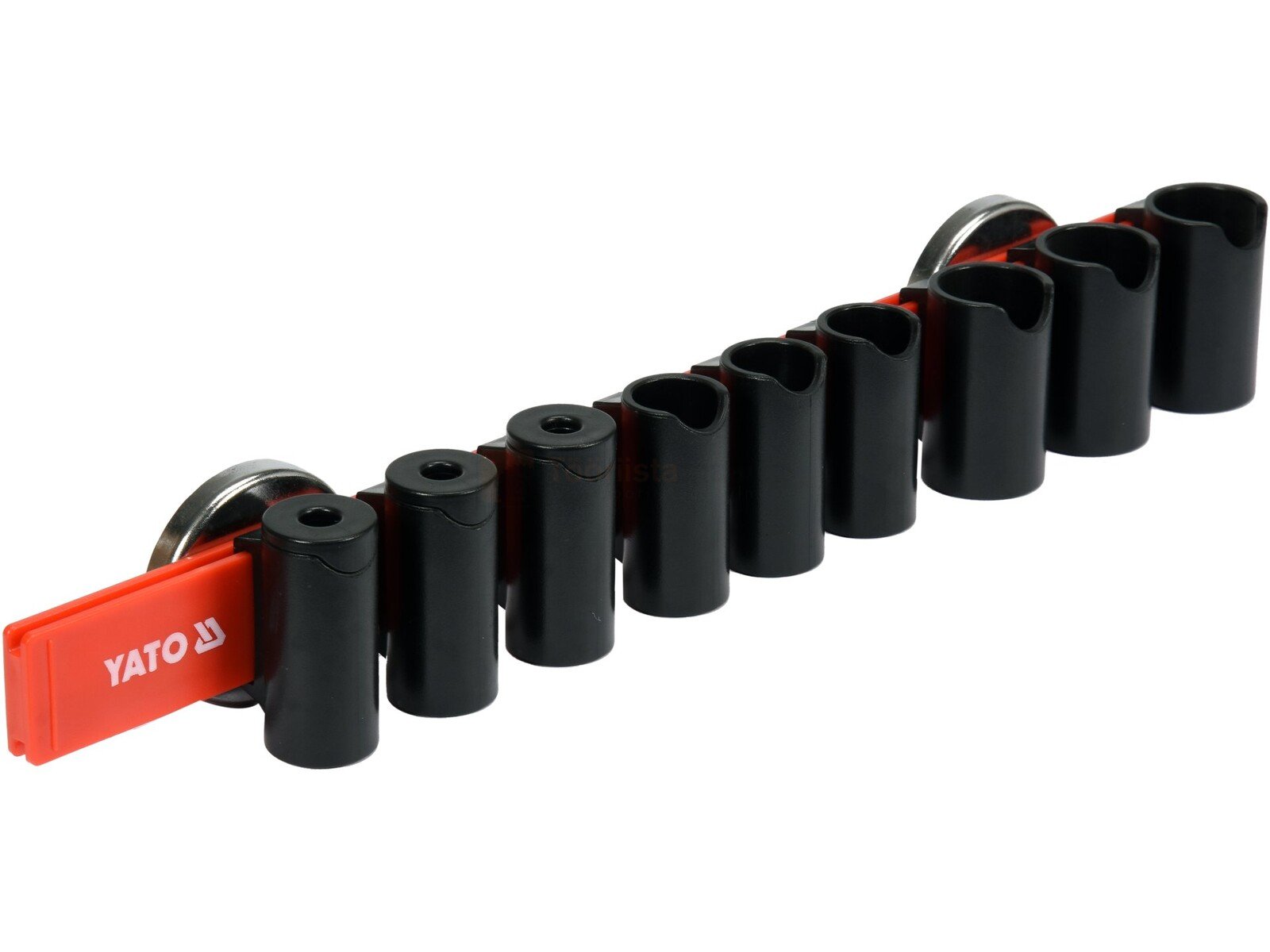 Pildil on YATO magnetiline tangide / kruvitsa hoidik, mis hoiab korrektselt reas musti tööriistu.