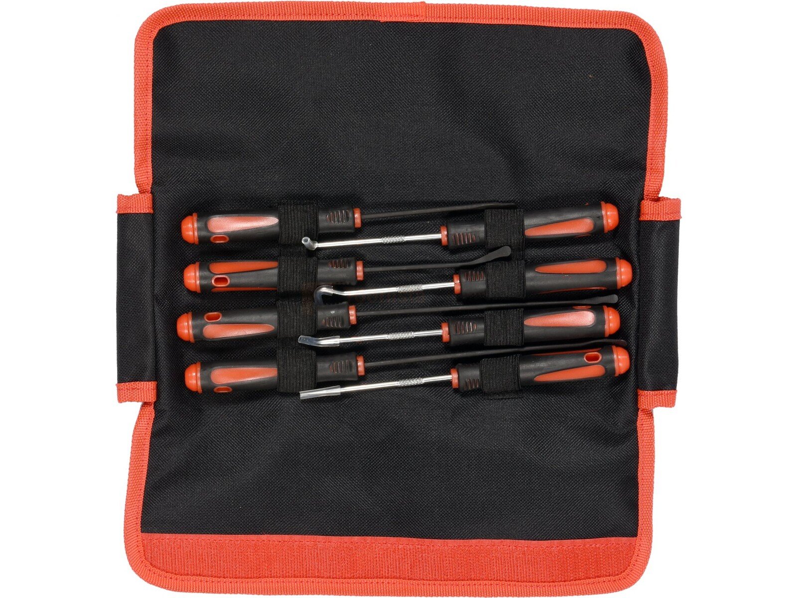 Pildil on YATO tihendi eemaldamise konksude komplekt, mis koosneb kaheksast konksust, mis on paigutatud musta ja oranži...