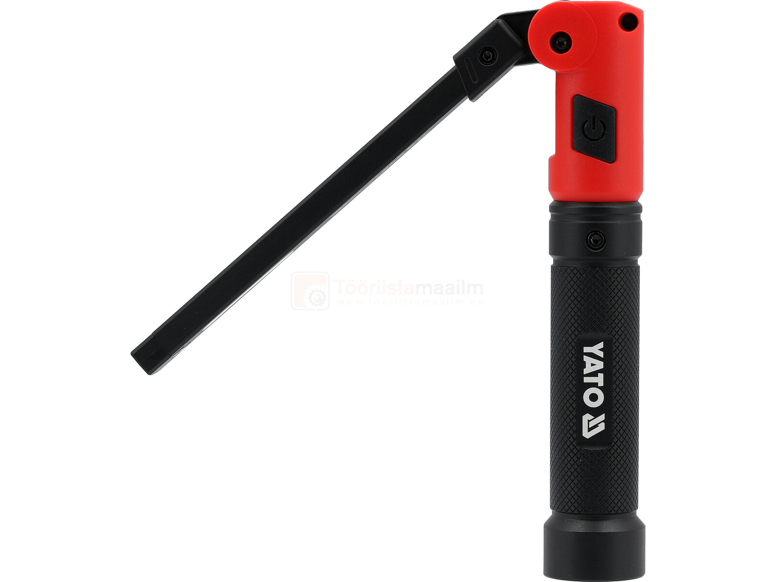 Pildil on YATO töökoha valgusti, millel on punane pea, must vars ja must käepide, mis on painutatud ja valgusti on sisse...