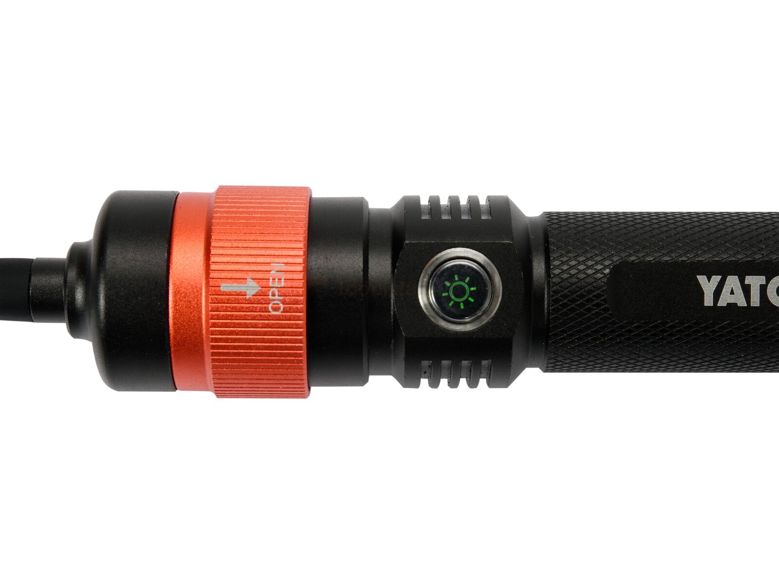 Pildil on näha YATO LED töövalgusti, millel on oranž rõngas ja roheline nupp, ning mis on mõeldud 3IN1 funktsiooniga.