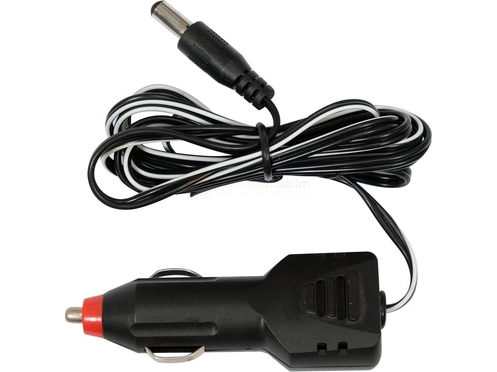 Pildil on YATO kapotialuse LED-valgusti 750 lm toitekaabel, millel on sigaretisüütaja pistik ja alalisvoolu pistik.