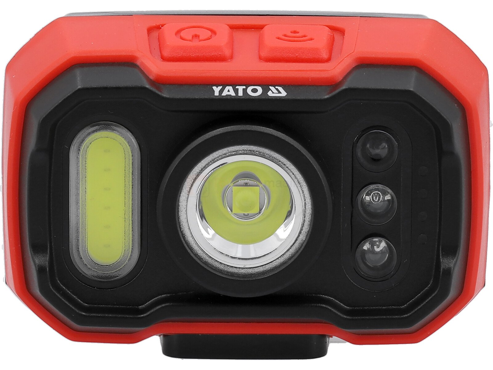 Pildil on punane ja must YATO pealamp, millel on keskel valge LED-valgus, küljel COB-valgus ja kolm väiksemat...