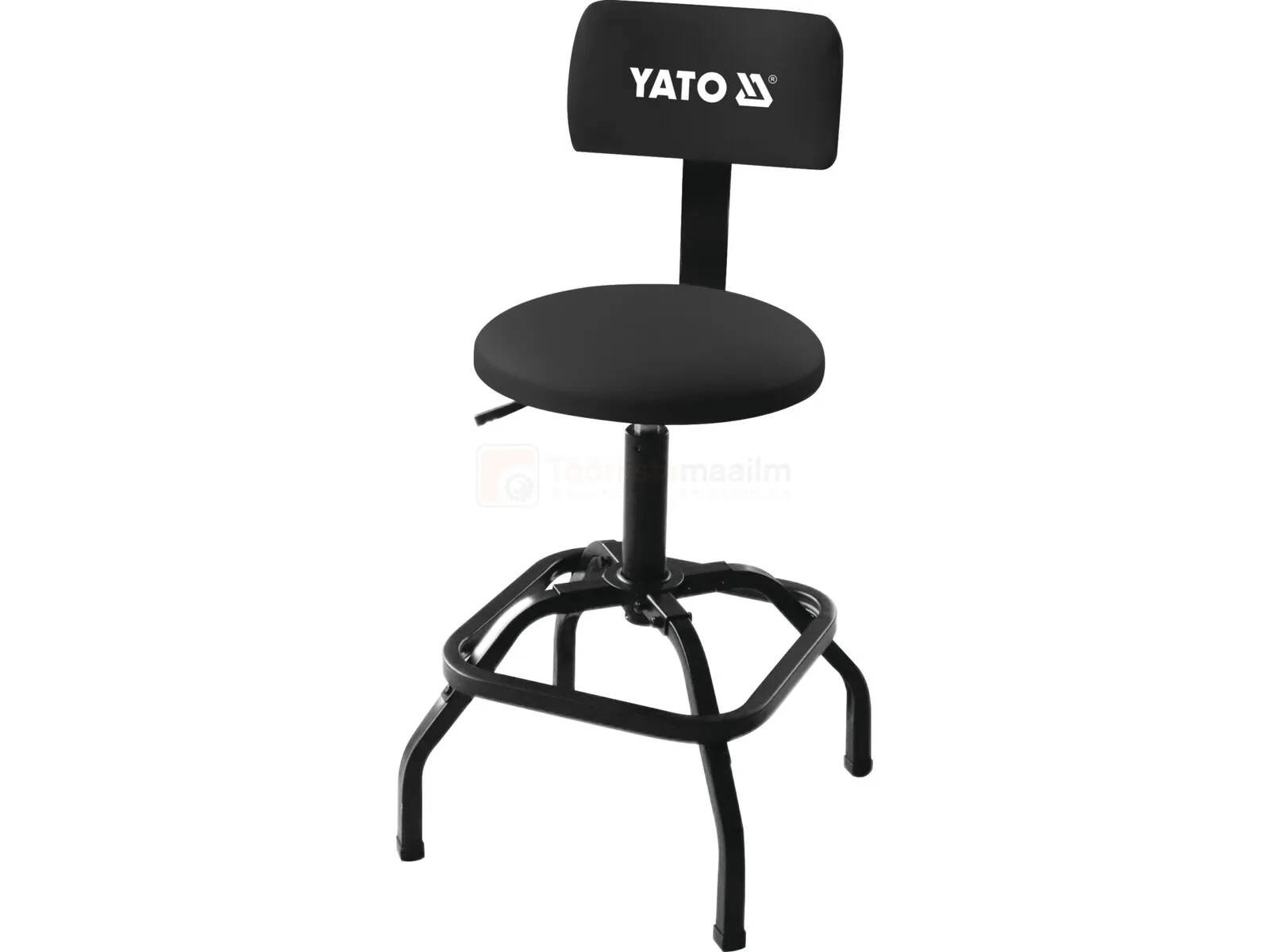 Pildil on musta värvi Yato reguleeritav töötool, millel on seljatugi ja ümmargune iste.
