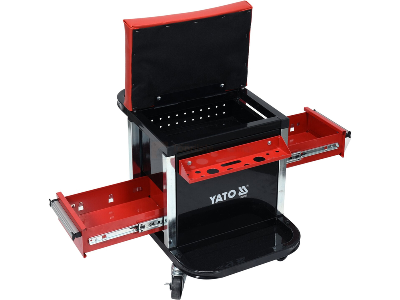 Pildil on avatud sahtlitega Yato tööriistatool, millel on punased sahtlid, must korpus ja ülemine sahtel.