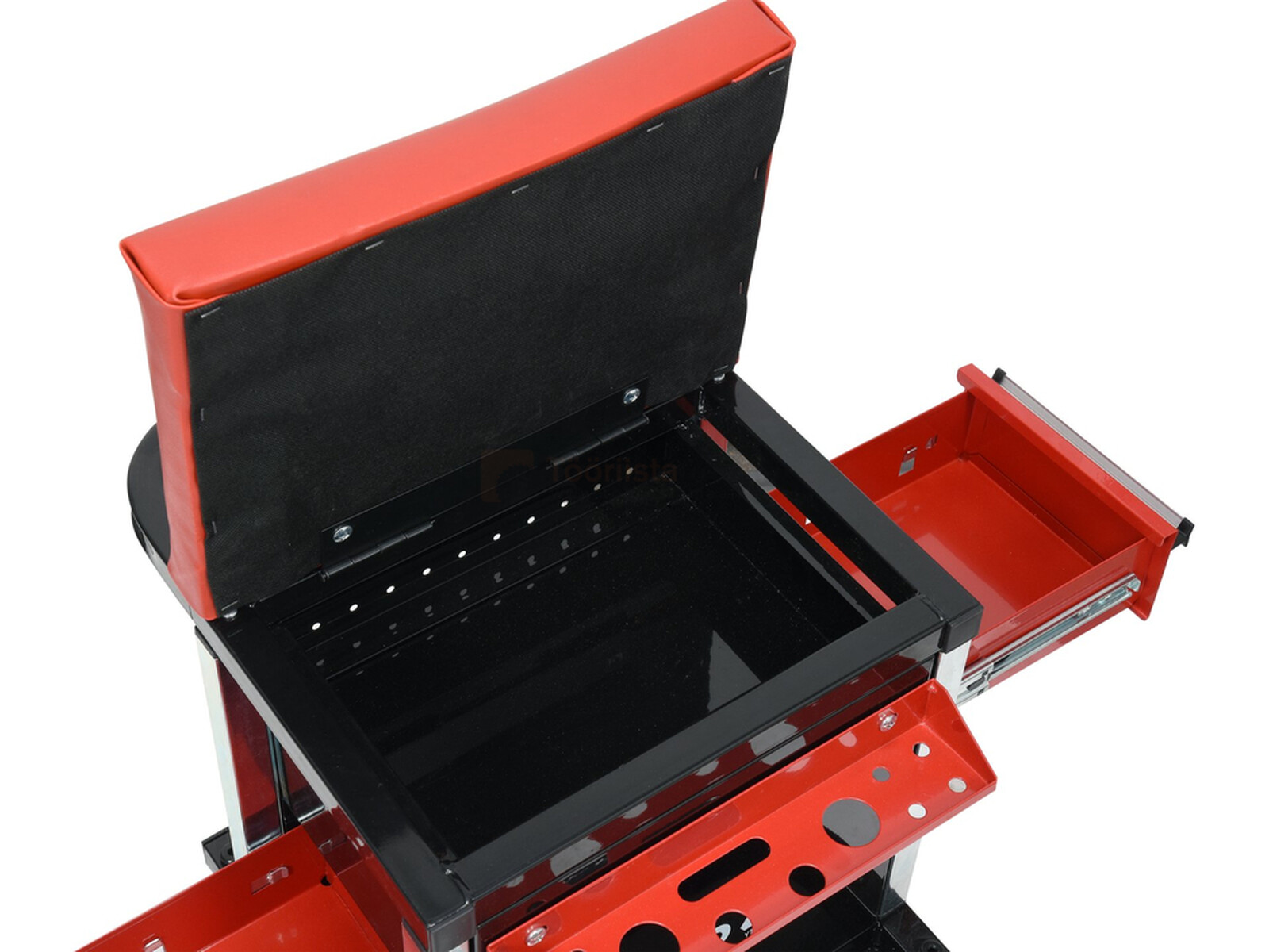 Pildil on YATO sahtlitega tool, millel on iste, avatud sahtel ja tööriistade hoidmiseks mõeldud alus.