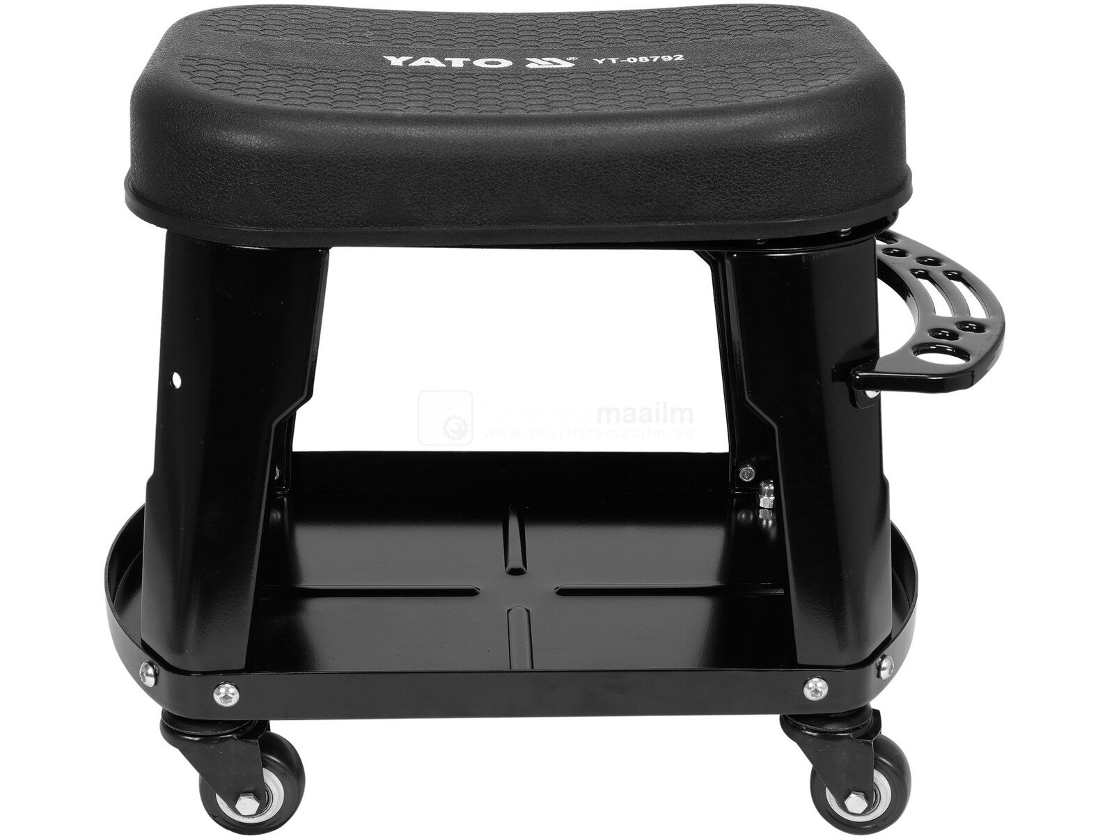 Pildil on must Yato töötool, millel on rattad, istumisosa, tööriistade riiul ja käepide.