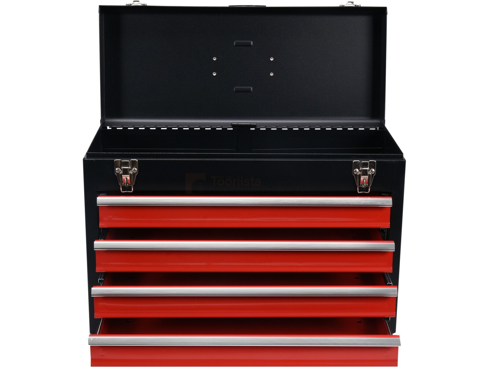 Pildil on avatud Yato tööriistakast, millel on neli punaste sahtlitega alumist sektsiooni ja must ülemine sektsioon.