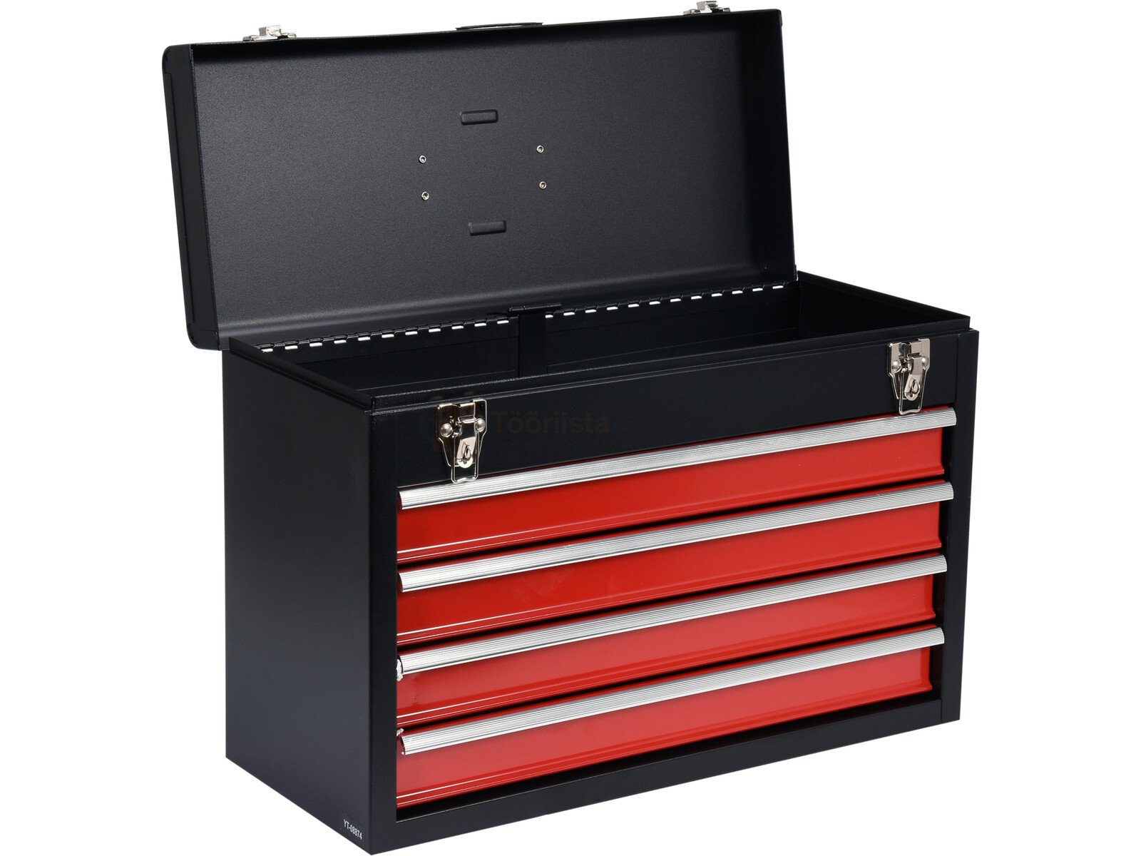 Pildil on avatud YATO tööriistakast (4 sahtlit), mis on musta värvi ja millel on neli punast sahtlit hõbedaste käepidemetega.