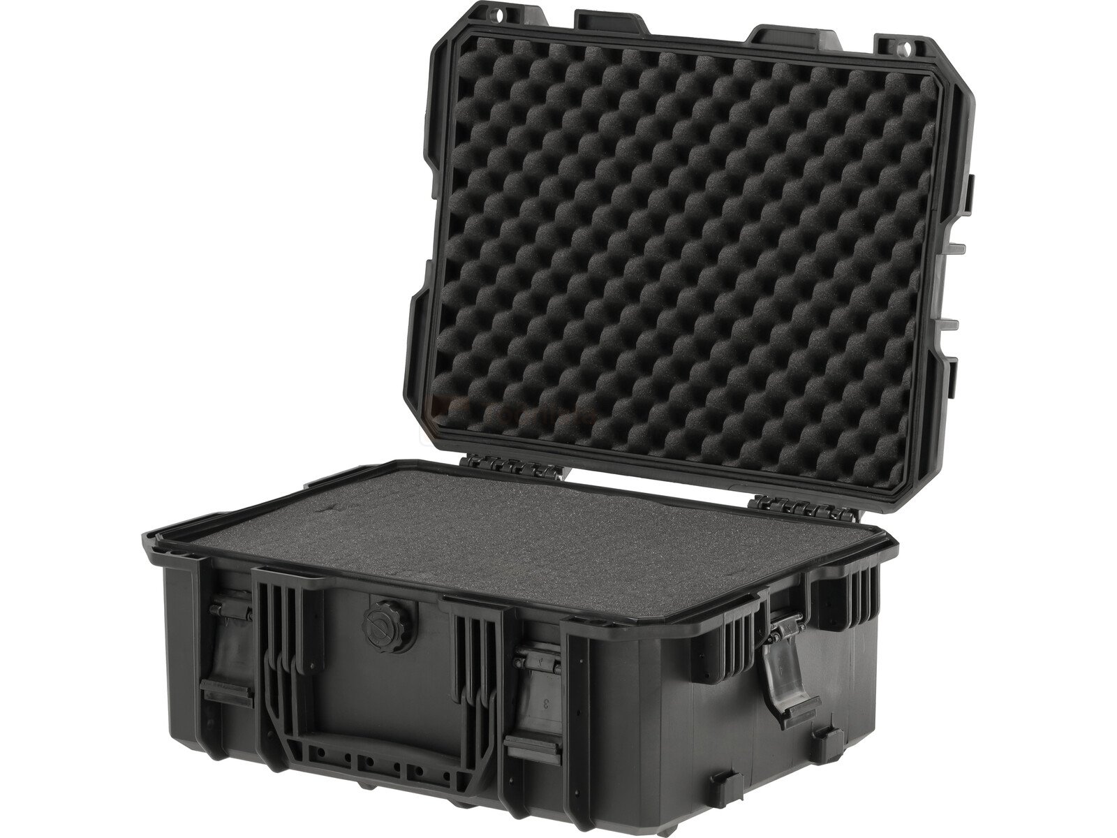 Pildil on avatud must Yato HERMETIC TOOLBOX 465X355X205MM tööriistakohver, mille sees on vahtpolsterdus.