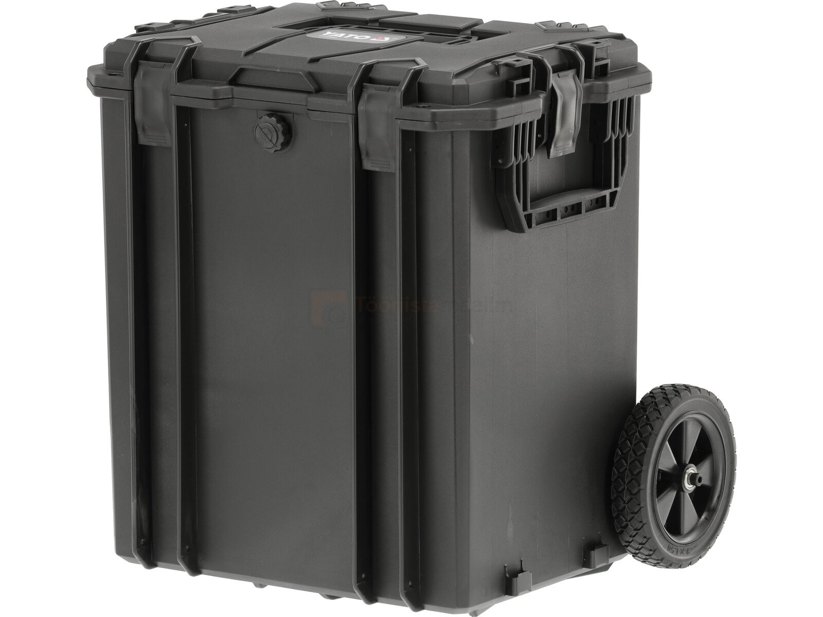 Pildil on must Yato hermeetiline ratastega kohver, millel on kinnitusklambrid ja ratas küljel.