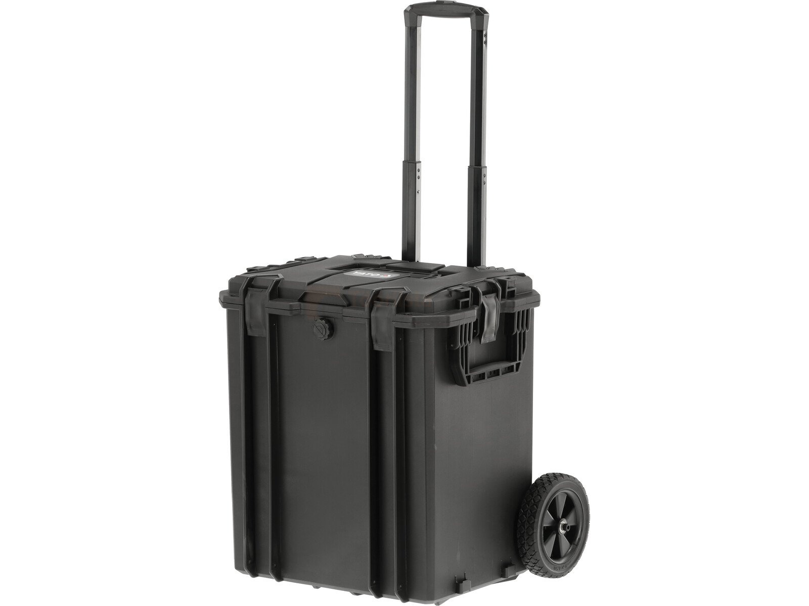 Pildil on must Yato hermeetiline ratastega kohver, millel on teleskoopkäepide ja mis on mõeldud asjade transportimiseks.