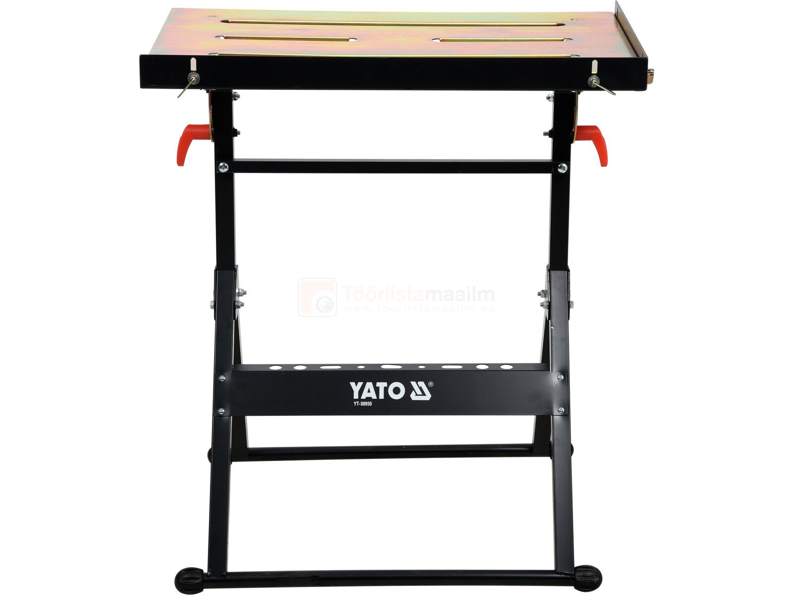 Pildil on Yato keevitamiseks mõeldud töölaud, mis on musta värvi ja millel on reguleeritav kõrgus.