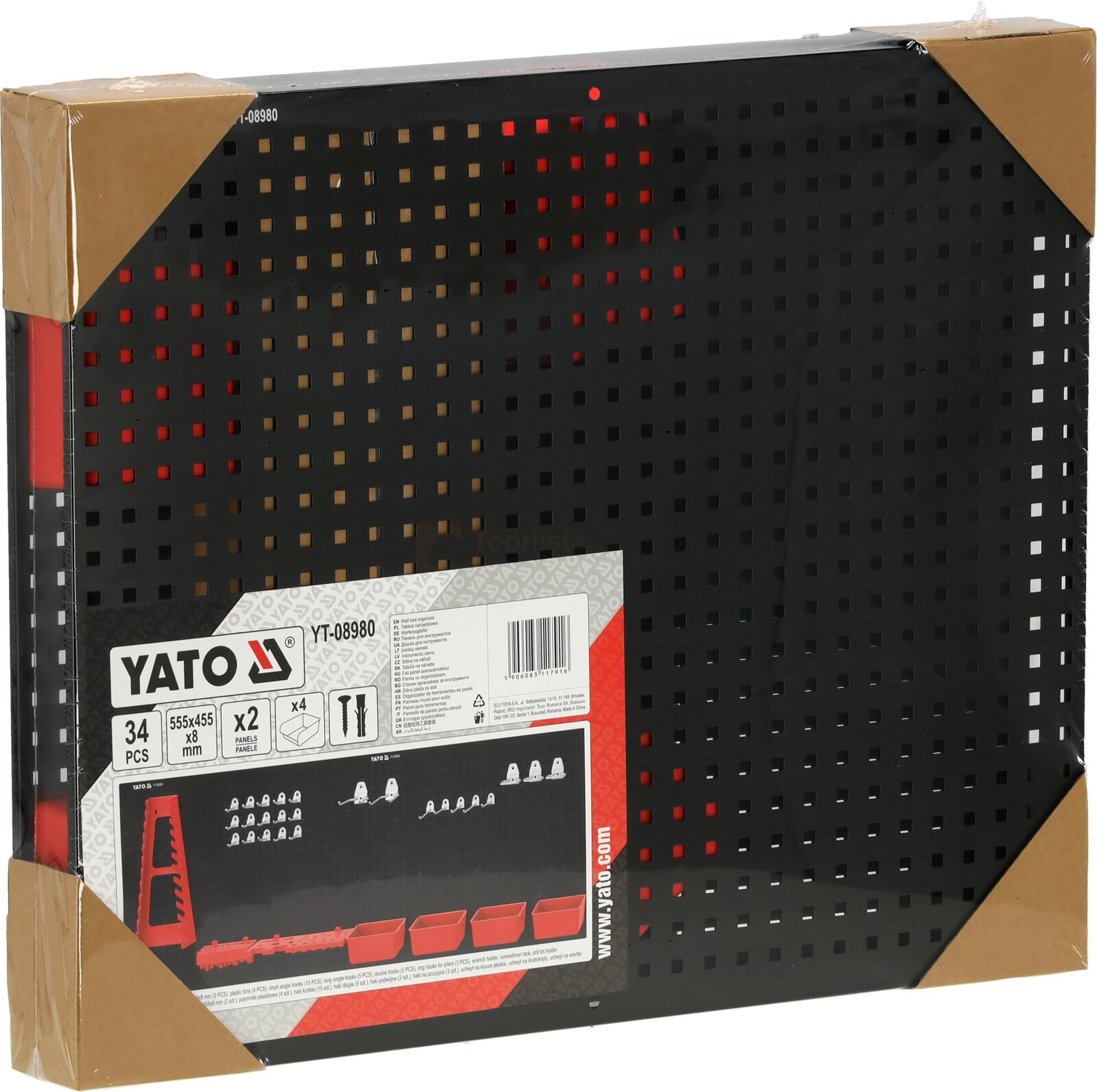 Pildil on Yato tööriistade riputussein, mis on pakitud ja millel on näha perforatsioonid ja erinevad tööriistade...