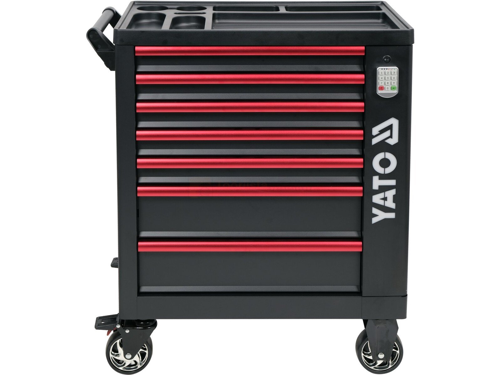 Pildil on musta värvi YATO tööriistakäru, millel on punaste detailidega seitse sahtlit ja mis on varustatud ratastega.