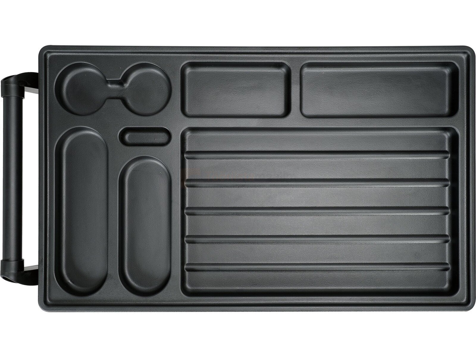 Pildil on must Yato tööriistakäru sahtlite peale asetatud kandik, millel on erinevad sahtlid ja topsihoidjad.