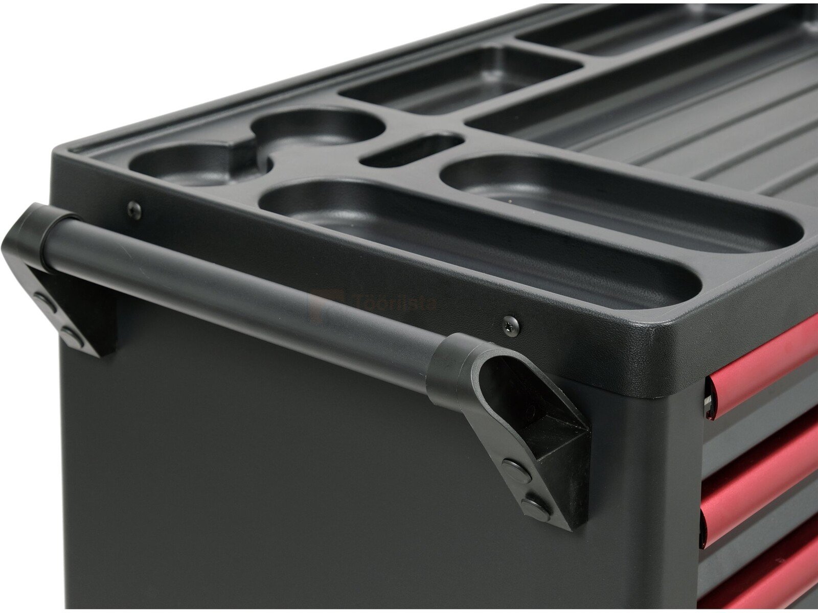 Pildil on näha Yato tööriistakäru musta korpuse ja punaste sahtlitega, millel on peal erinevatele tööriistadele mõeldud...