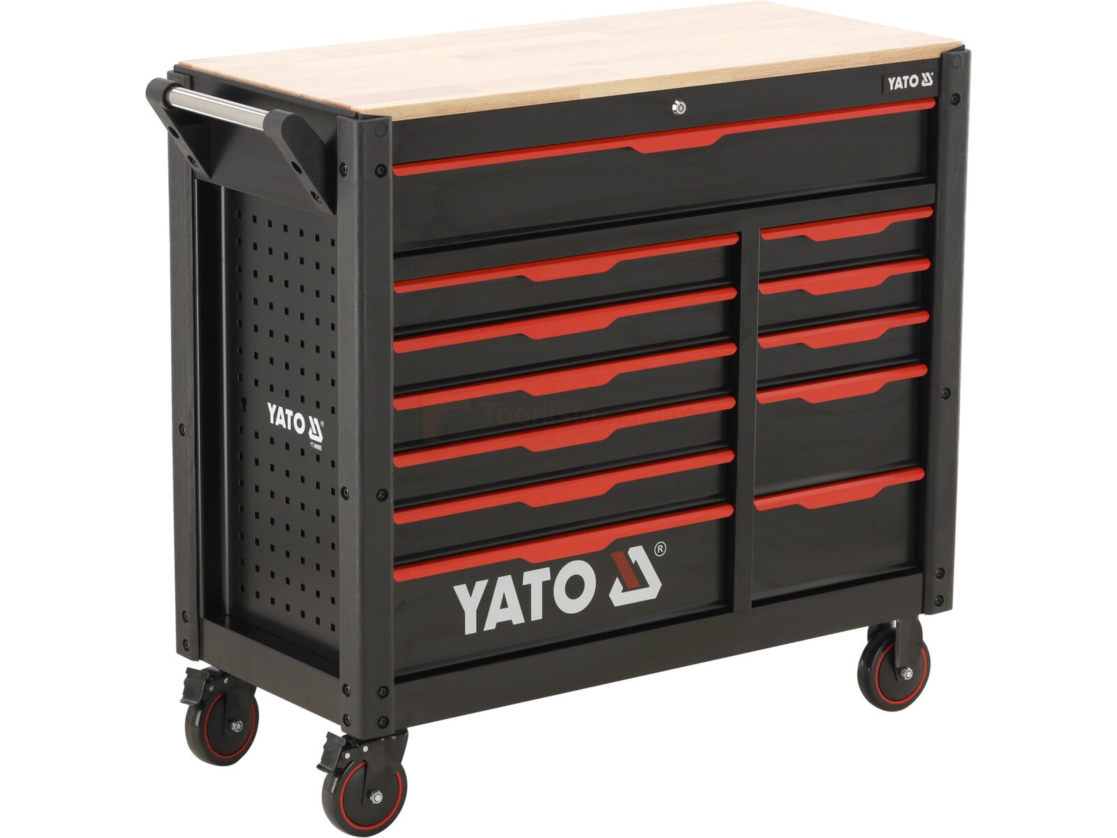 Pildil on musta värvi Yato 12 sahtliga tööriistakapp, millel on puidust tööpind ja punased sahtlipidemed.