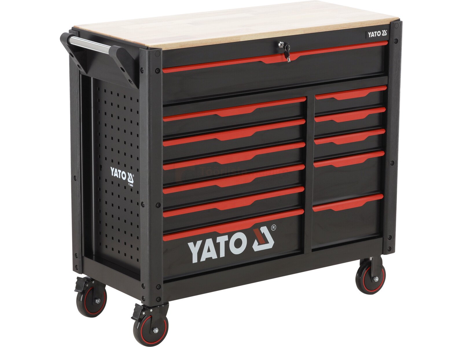Pildil on Yato tööriistakapp 12 sahtliga, millel on puidust pealispind ja mis on varustatud ratastega.