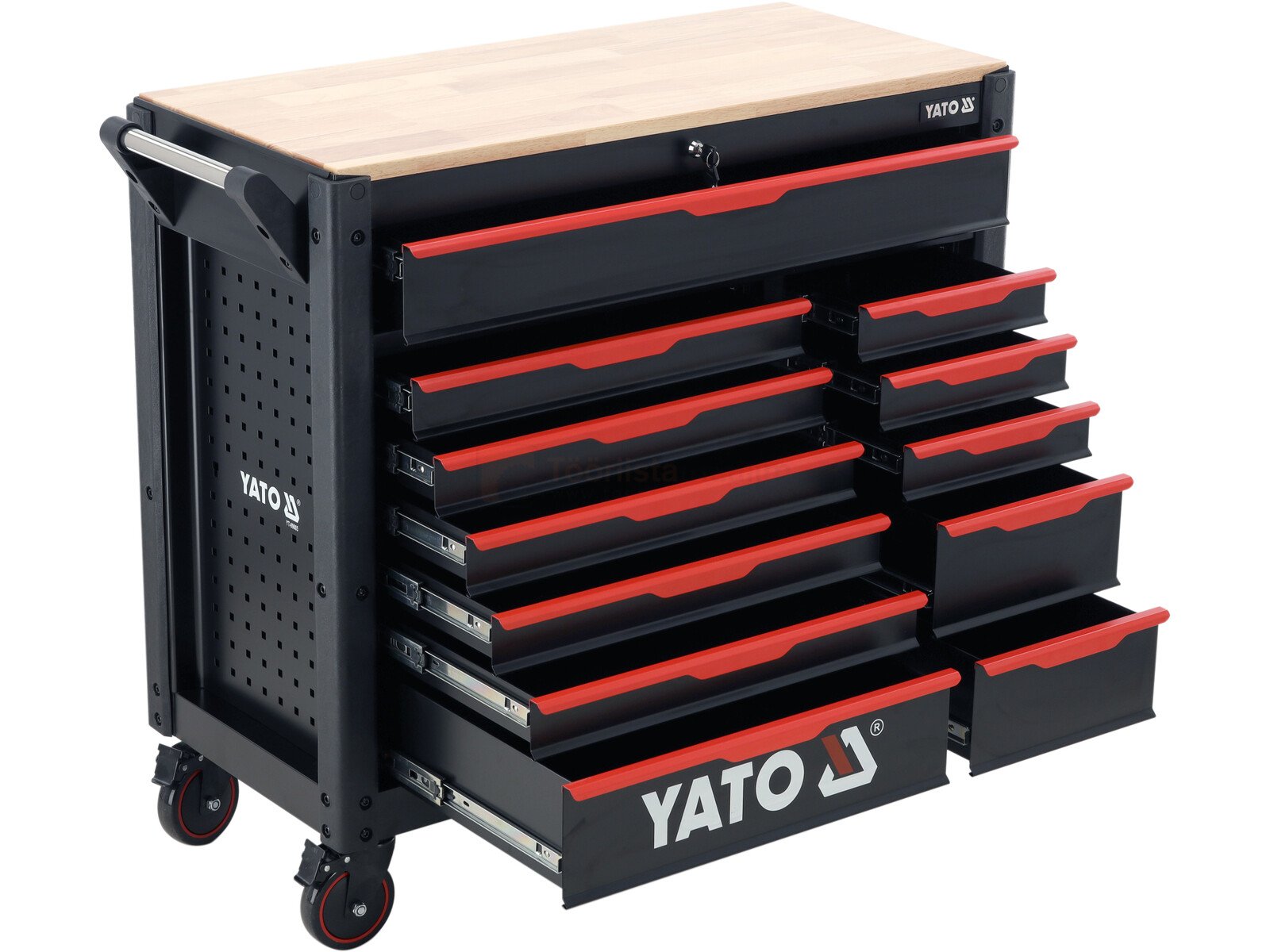 Pildil on musta värvi Yato tööriistakapp 12 sahtliga, millel on puidust pealispind ja mis seisab ratastel.