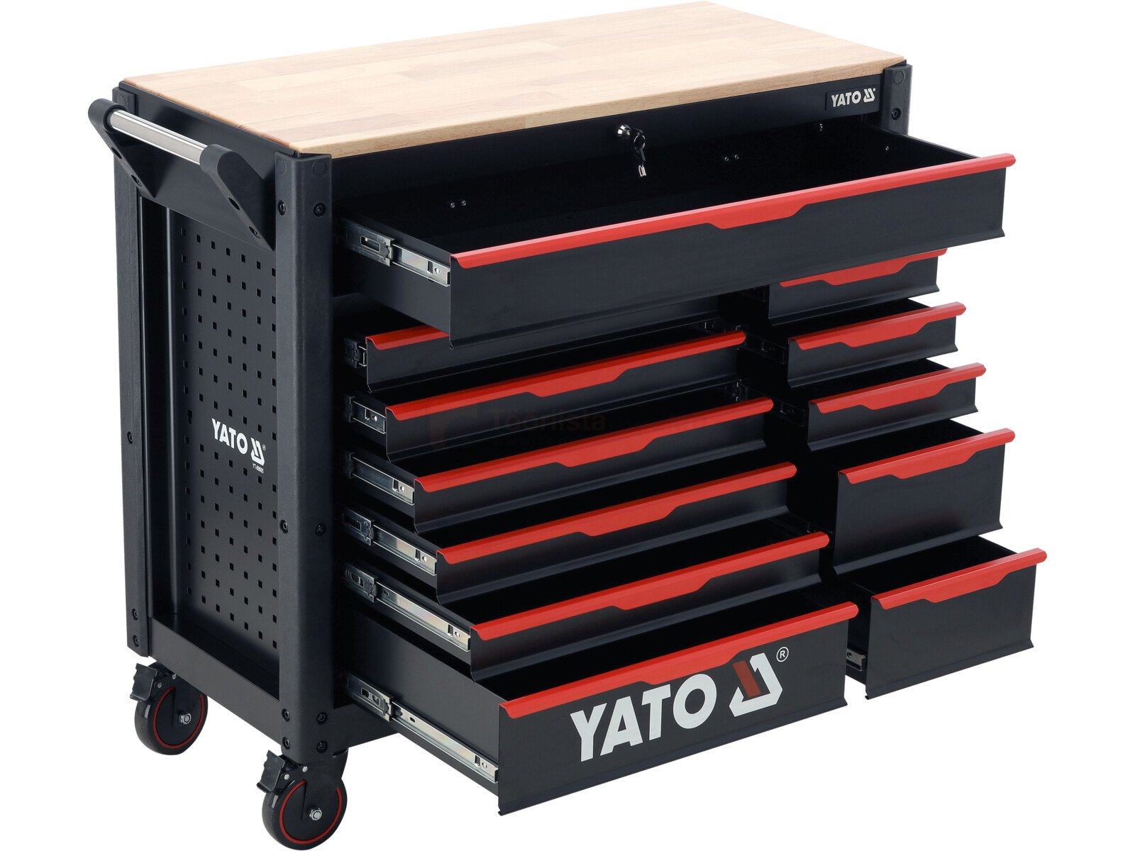 Pildil on musta värvi Yato tööriistakapp 12 sahtliga, millel on puidust pealispind ja mis seisab ratastel.