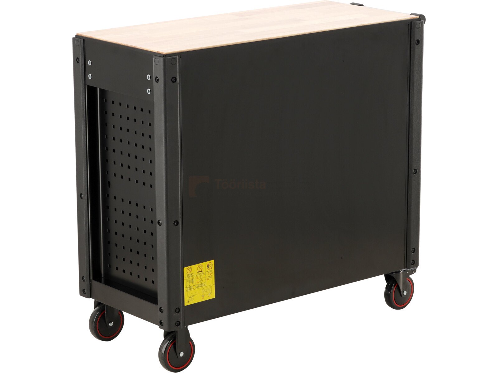 Pildil on Yato tööriistakapp 12 sahtliga, millel on puitlaud, must metallist korpus ja rattad.