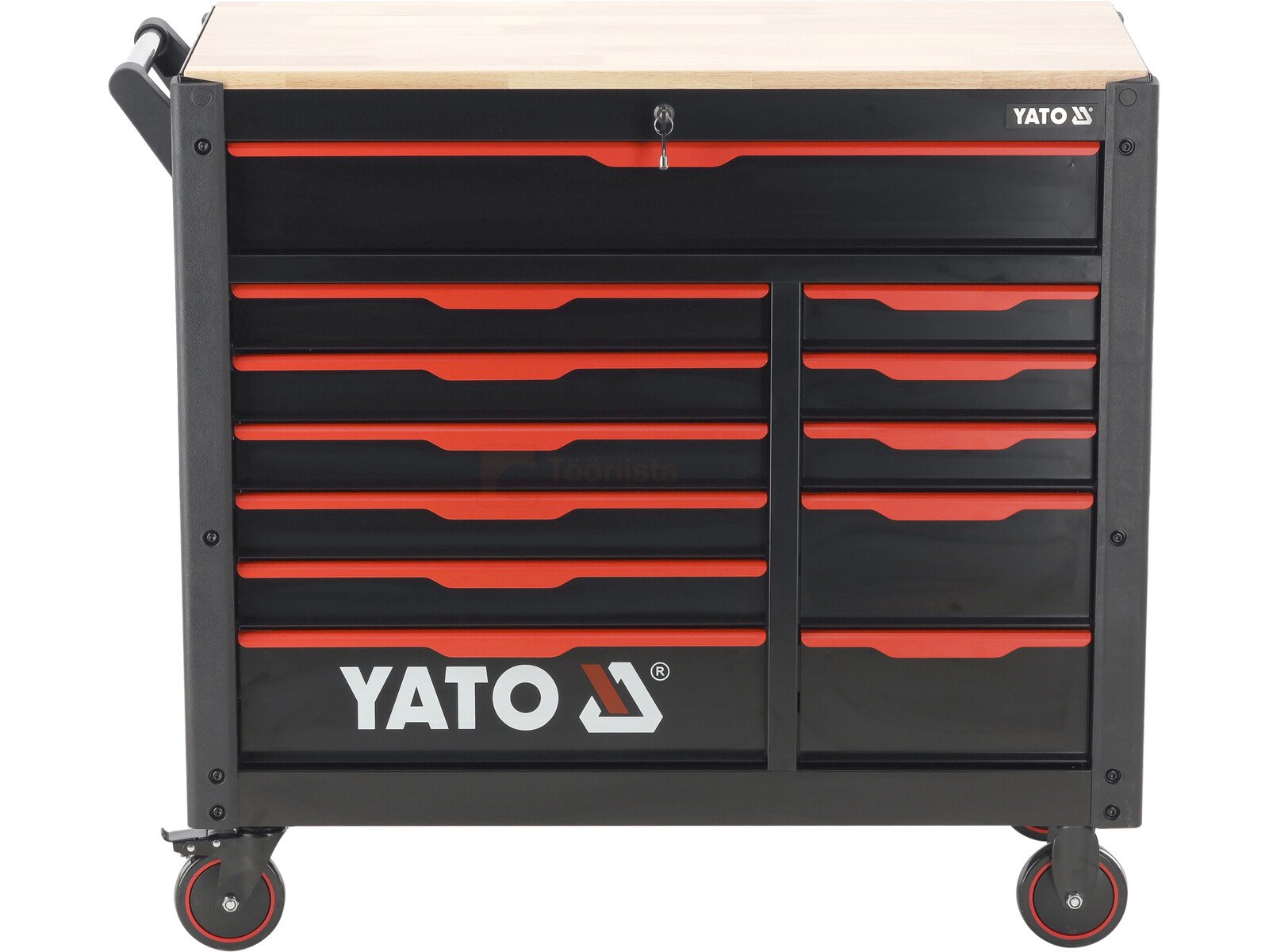 Pildil on musta värvi Yato tööriistakapp 12 sahtliga, millel on puidust tööpind ja neli ratast.