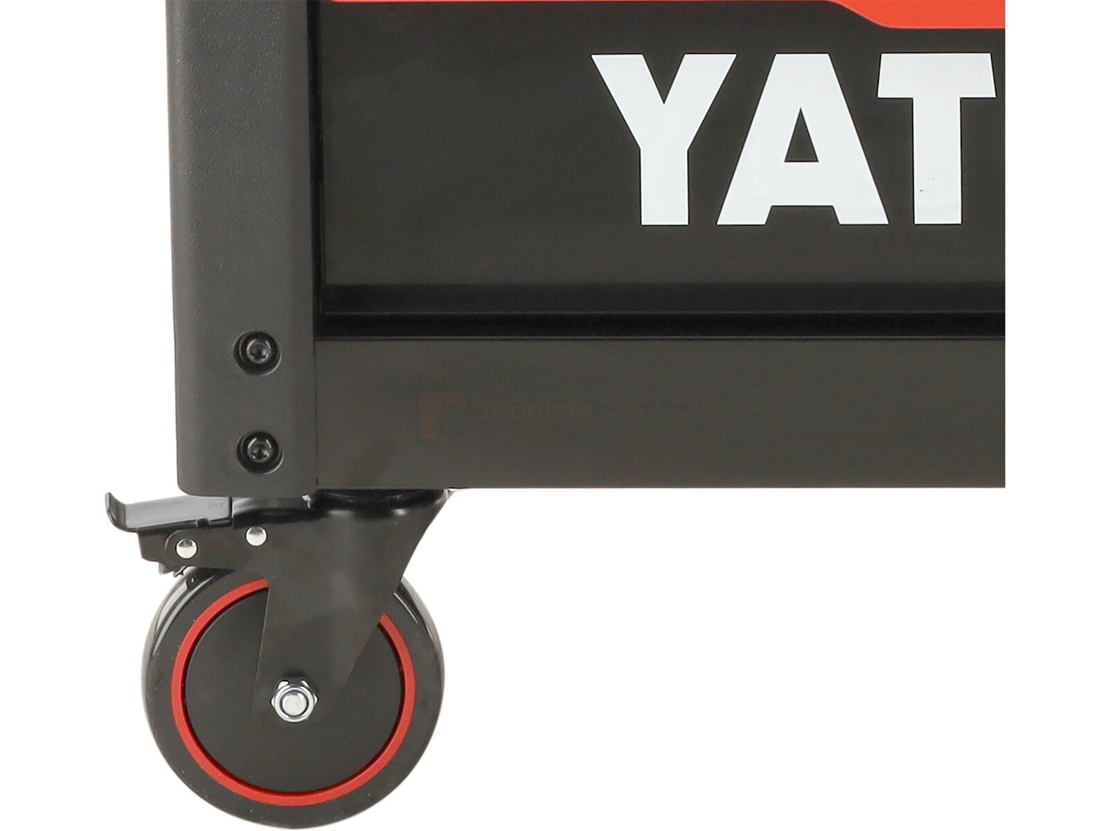 Pildil on musta värvi Yato tööriistakapi 12 sahtliga alumine osa, millel on kinnitatud rattad ja näha on ka Yato logo.