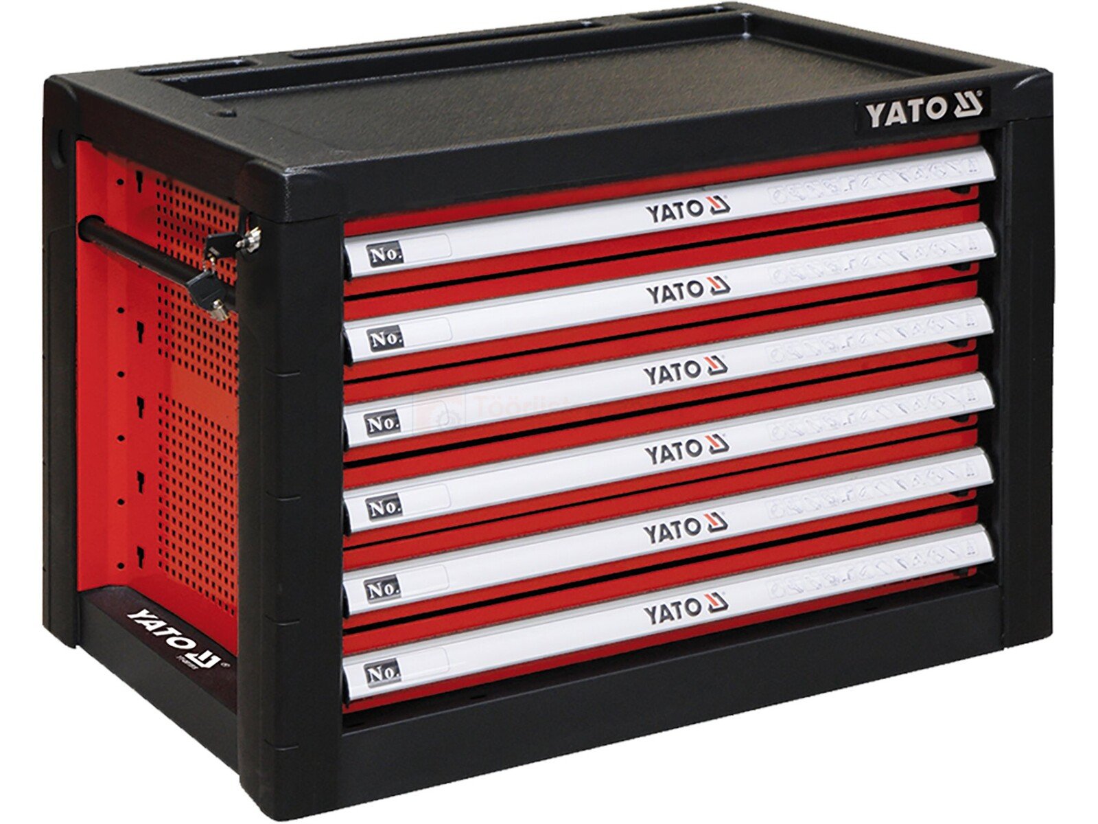 Pildil on musta ja punase värviga Yato tööriistakapp, millel on kuus sahtlit.