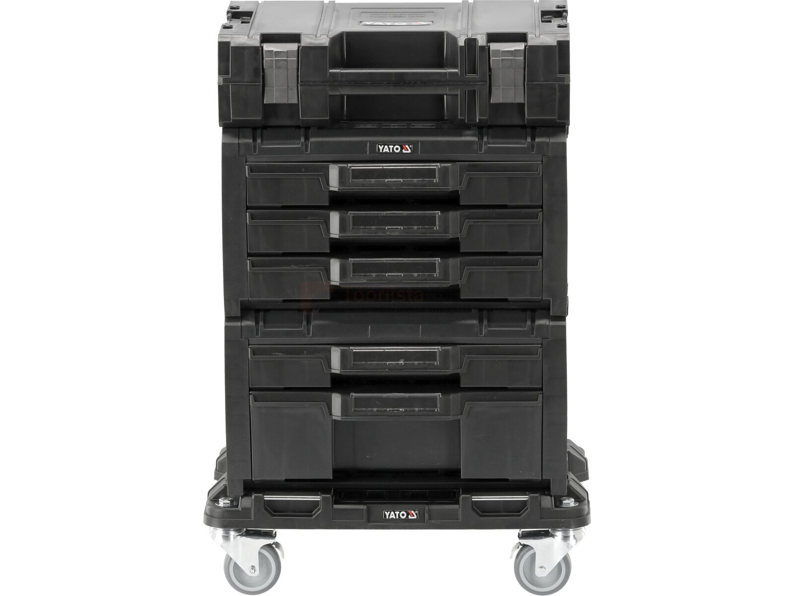 Pildil on Yato tööriistakohvrite komplekt ratastel platvormiga, mis koosneb neljast mustast kohvrist.