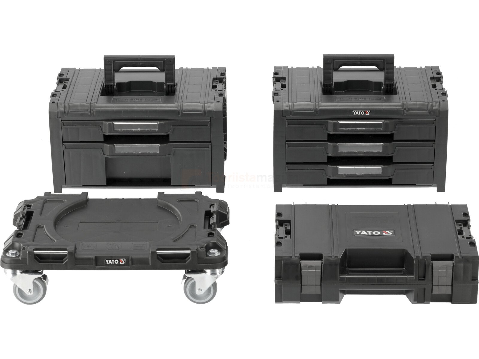 Pildil on Yato tööriistakohvrite komplekt ratastel platvormiga, mis koosneb neljast osast: kahest tööriistakastist, ühest...