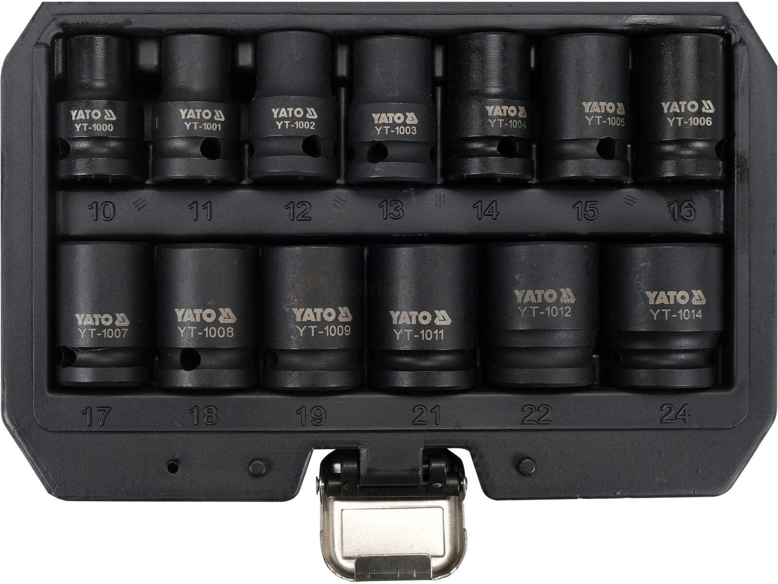Pildil on Yato löökpadrunite komplekt 1/2" 10-24 mm, 13-osaline, mis on paigutatud musta karpi.