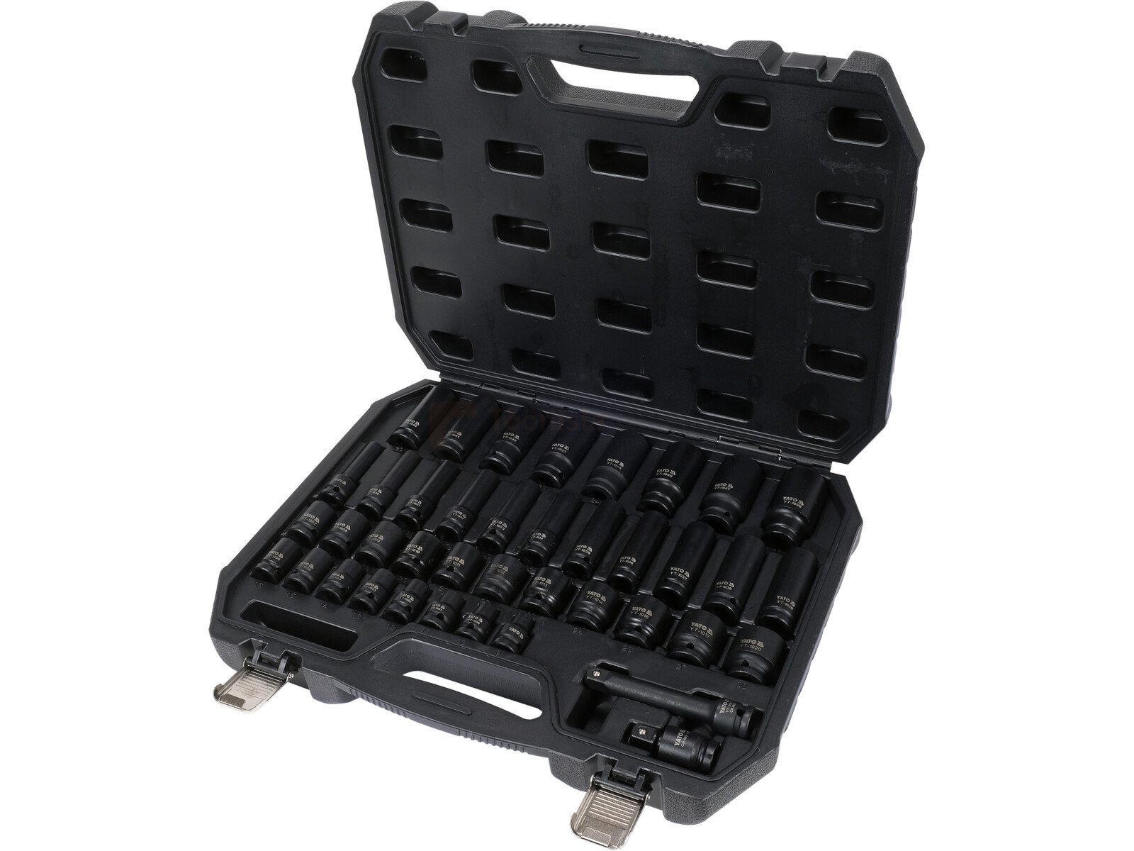 Pildil on avatud mustast plastist kohvris YATO löökpadrunite komplekt 1/2" suuruses, mis sisaldab erineva suurusega...