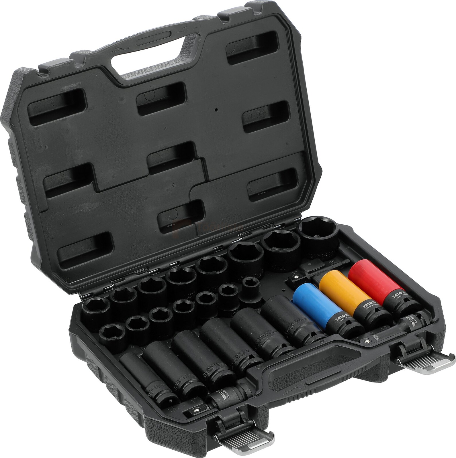 Pildil on avatud mustas kohvris YATO veljepadrunite komplekt 1/2" 27 osa, mis sisaldab erineva suurusega musti ja...