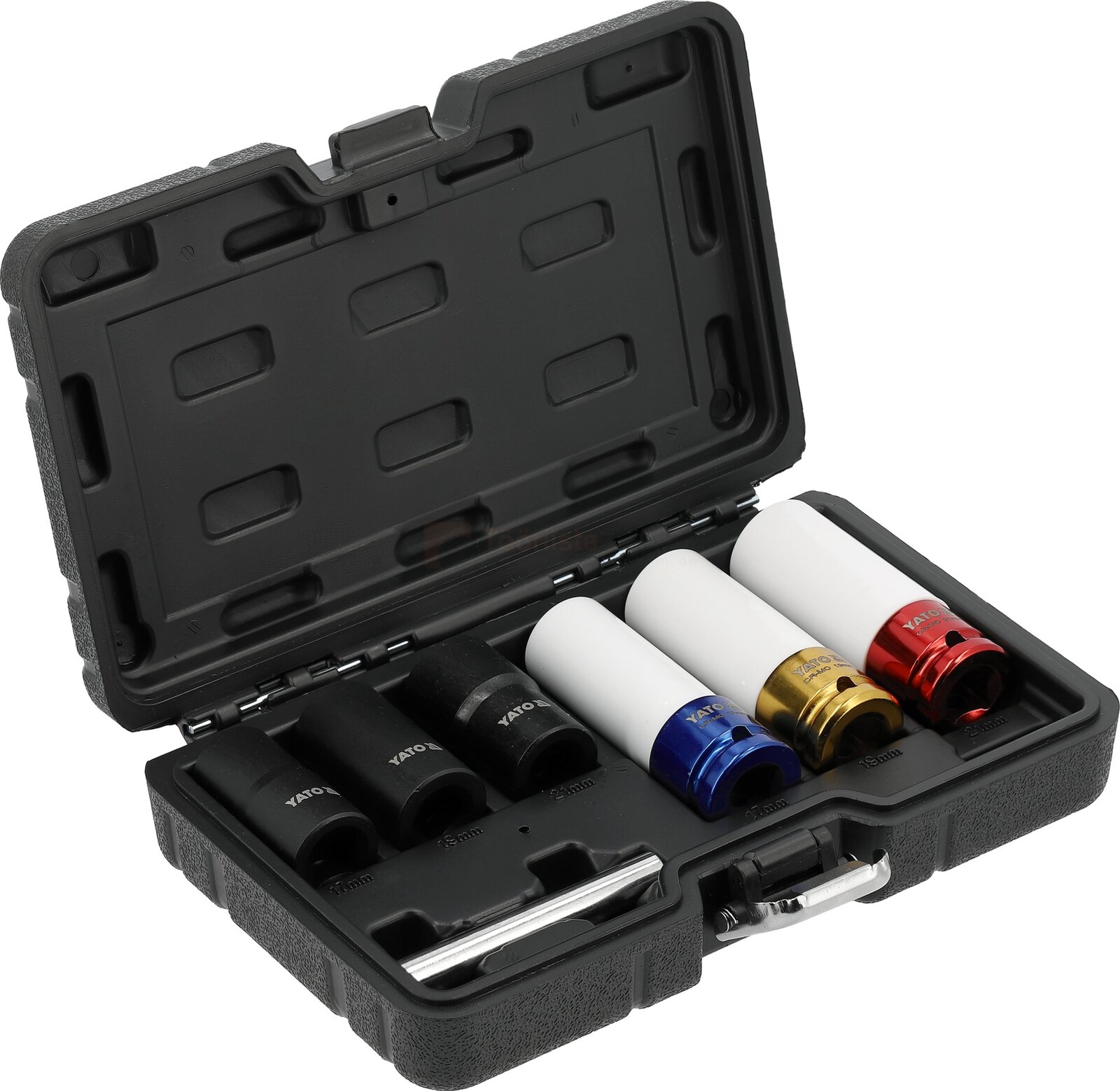 Pildil on avatud mustas kohvris YATO veljepadrunite komplekt 1/2", mis sisaldab erinevat värvi padrunitega tööriistu.