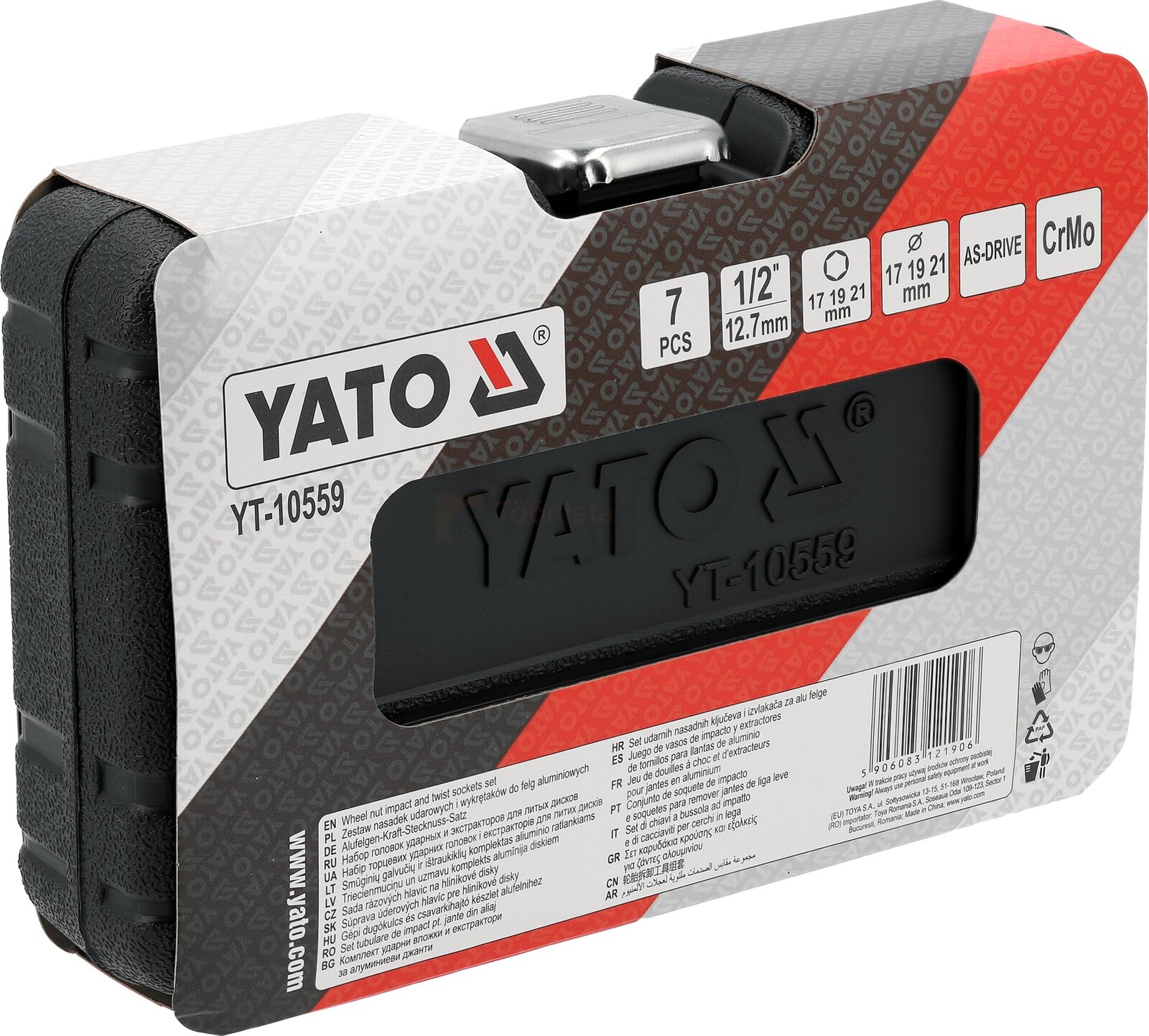 Pildil on Yato veljepadrunite komplekti 1/2" karp, mis on pakitud ja millel on näha komplekti sisu.