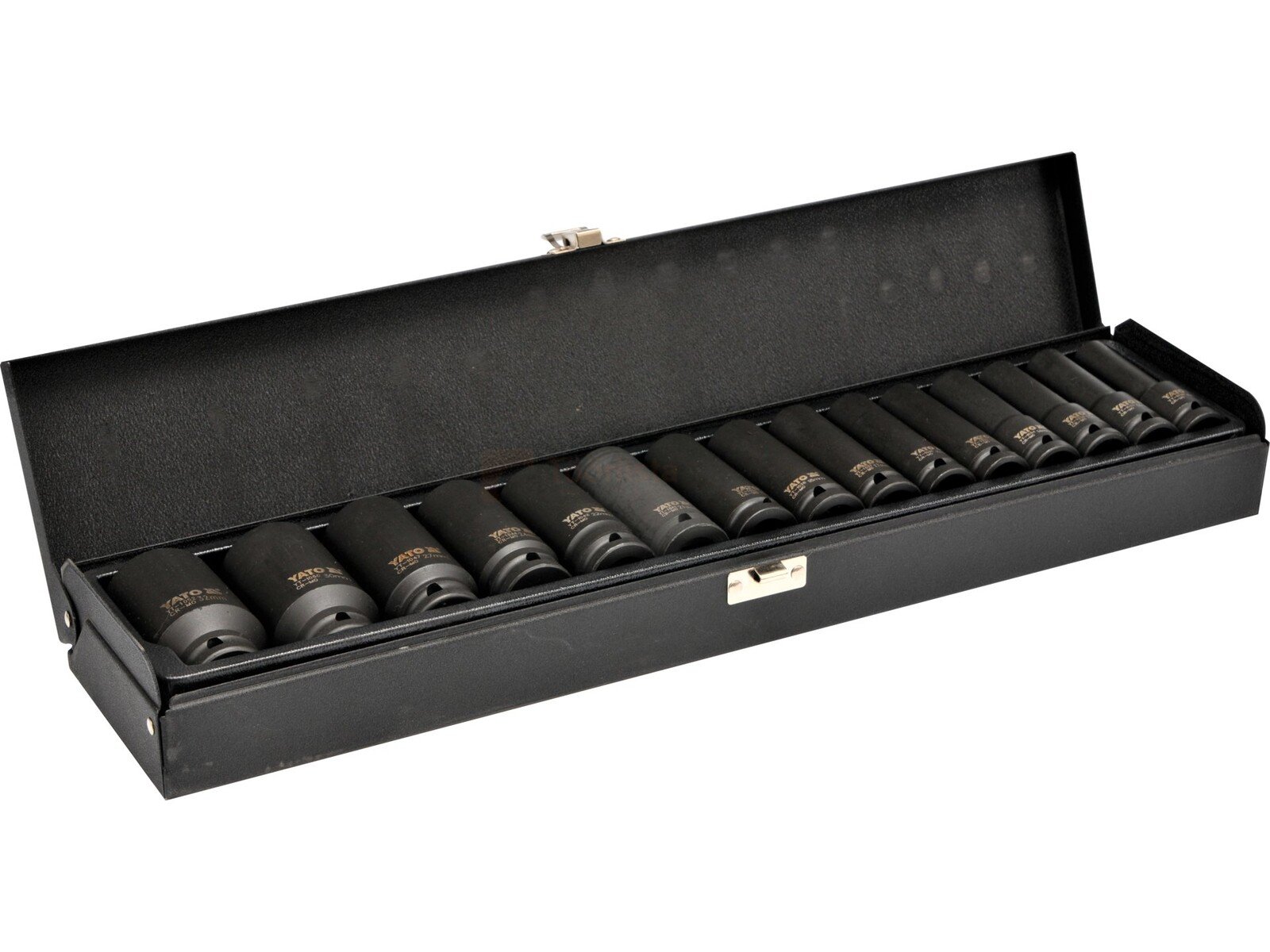 Pildil on avatud mustas karbis YATO pikkade löökpadrunite komplekt 1/2" suuruses, mis sisaldab 15 erineva suurusega padrunit.