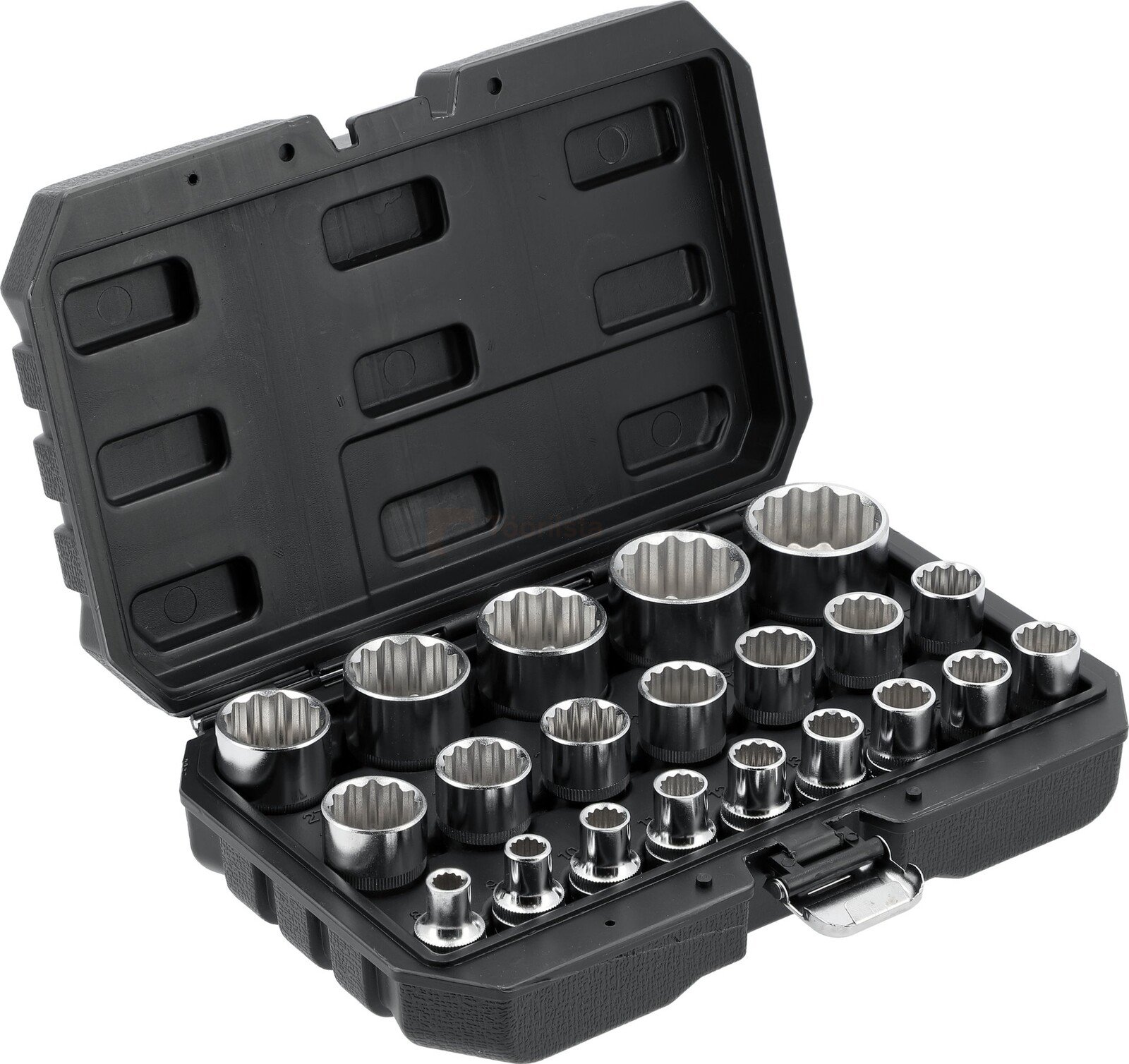Pildil on avatud mustas kohvris YATO 21-osaline 12-kant padrunite komplekt suurustega 8-36 mm.