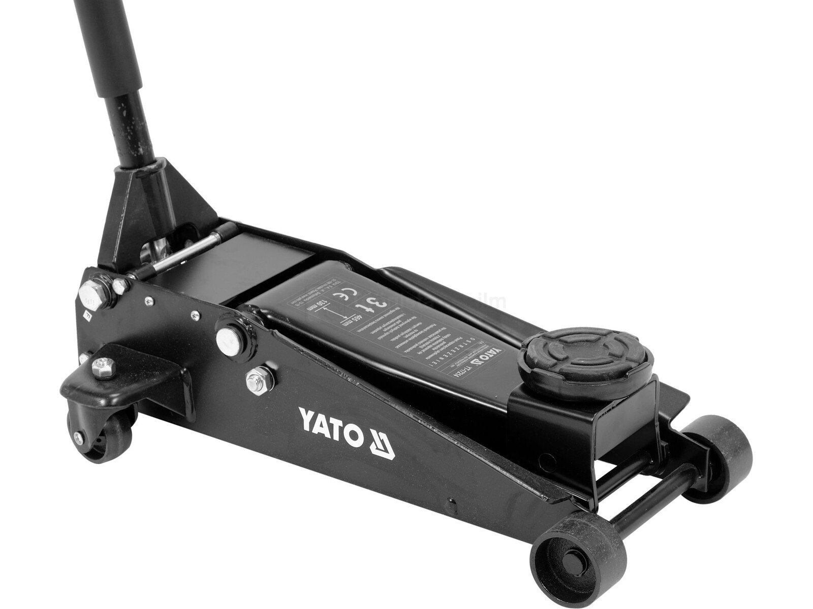 Pildil on must Yato 3T DOUBLE PUMP GARAGE JACK, millel on tõstekäepide, rattad ja tõstepunkt.