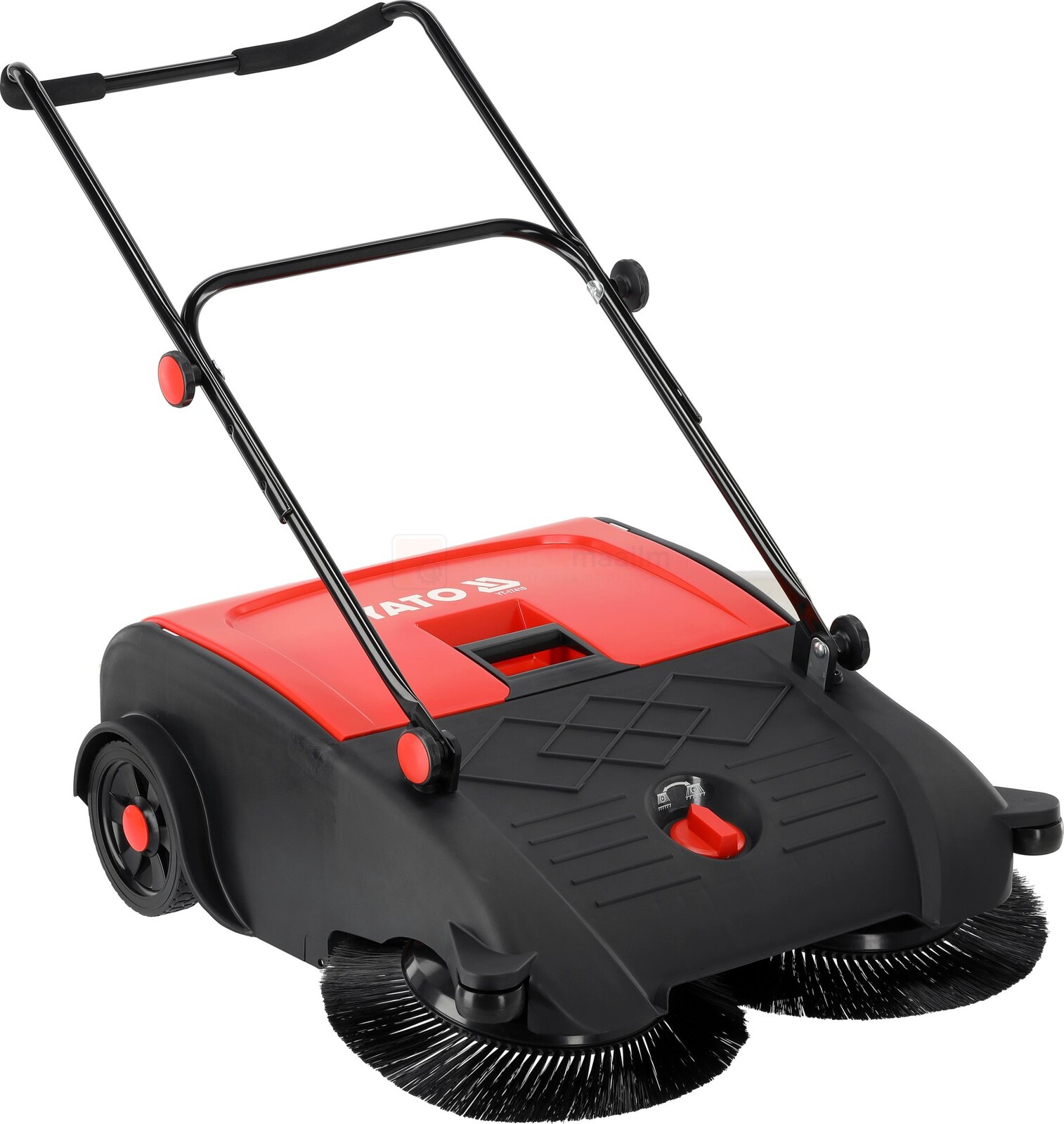 Pildil on YATO kuivpühkimismasin, mis on musta ja punase värviga ning millel on rattad, käepide ja harjad.