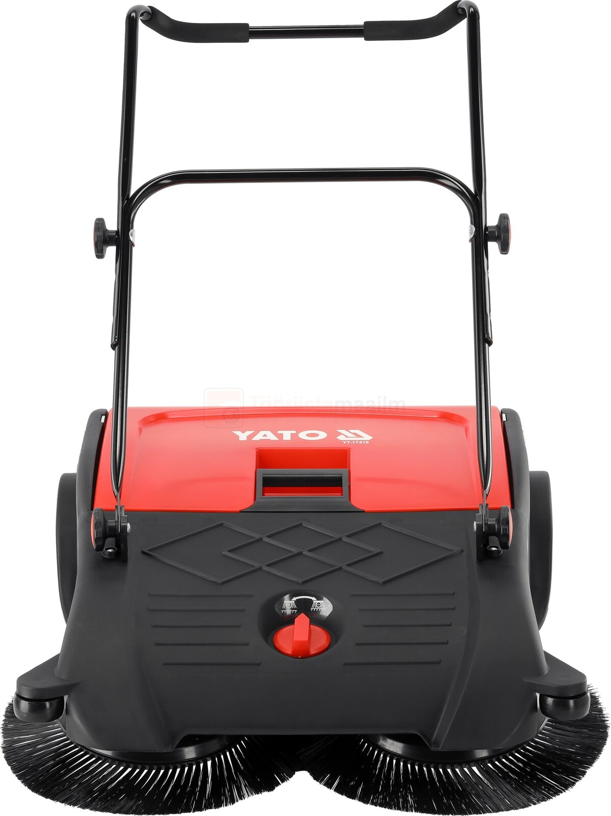 Pildil on näha punast ja musta värvi YATO kuivpühkimismasinat, millel on kaks suurt külgmist harja ja käepide.
