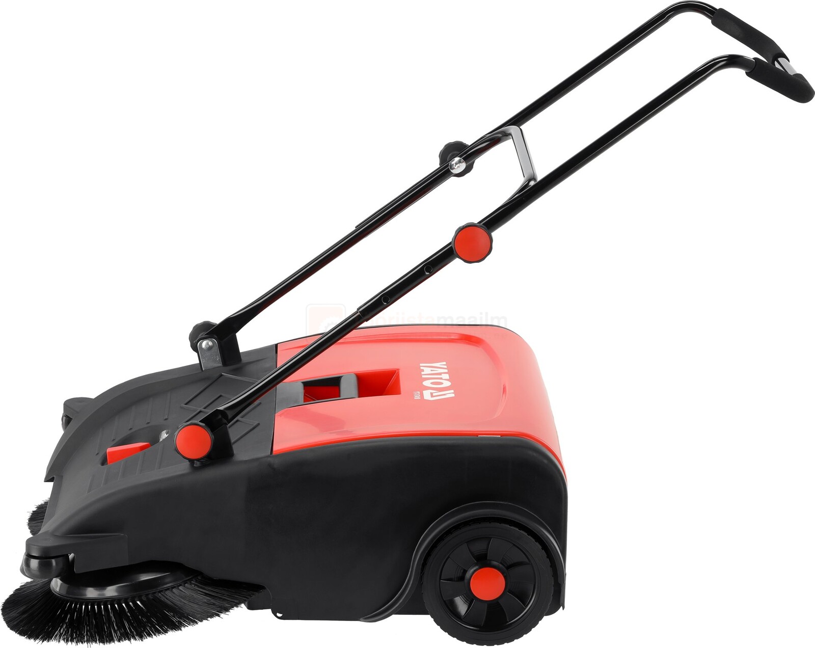 Pildil on näha YATO kuivpühkimismasin, millel on punane korpus, mustad harjad ja rattad ning kokkupandav käepide.