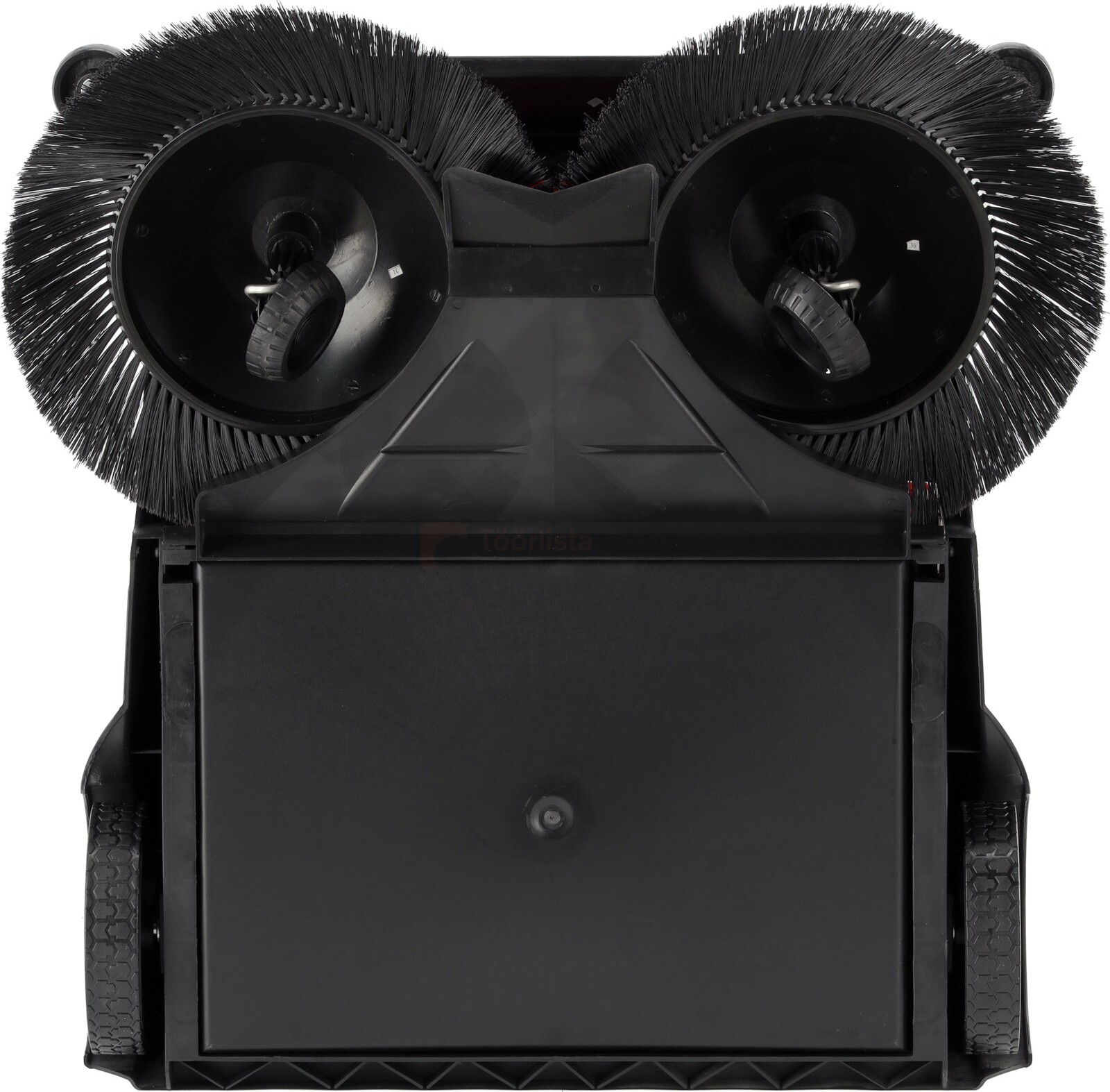 Pildil on YATO kuivpühkimismasin, millel on kaks suurt pöörlevat harja ja must kogumispaak.