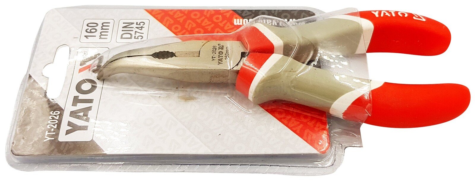 Pildil on pakendis YATO pikkmokktangid 160 mm, millel on kõverad otsad ja punased käepidemed.