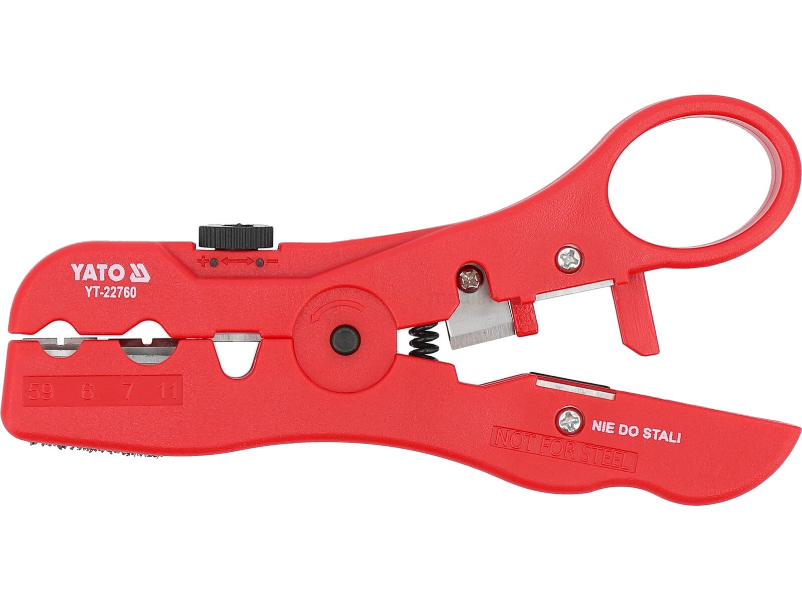 Pildil on punane YATO kaablikoorija, mis on mõeldud antenni- ja võrgukaablite jaoks.